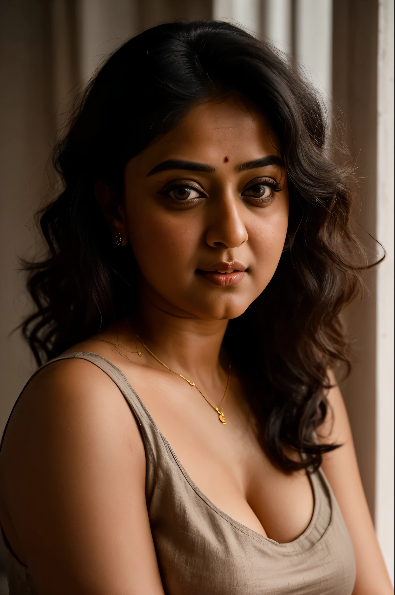 Looks like Anushka Shetty, a photo portrait of a beautiful girl with curls, styled black hair, (face portrait:1.5), dramatic light, Rembrandt lighting scheme, bust shot, linen tank top ,