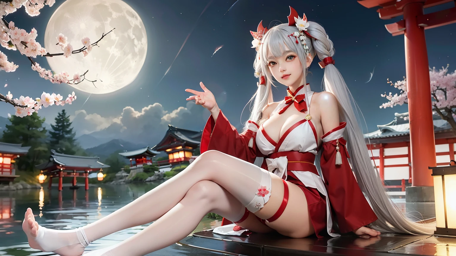 1 girl、Cute red and white shrine maiden costume, long gray hair, twin tails and bangs, Japan Traditional Hair Ornaments, cleavage, Shrine under the full moon night sky, sitting, white thigh high stockings, Lotus pond, Cherry Blossom、smile