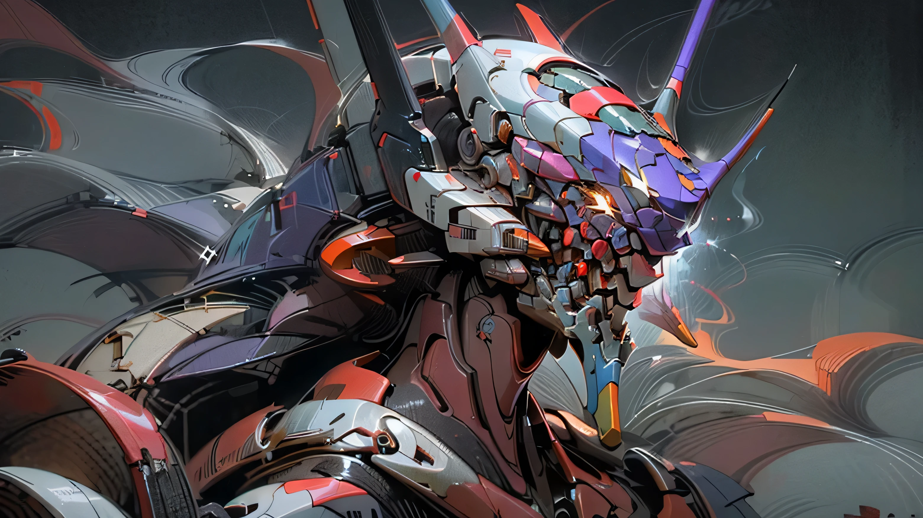 EVA 01, Eva, Evangelion Mecha, Science fiction, Mirar visor, (Arte oficial, Mejor calidad, obra maestra: 1.2), ilustraciones, high resolution, hermoso fondo abstracto, futurista, comic style, mecha, Arma de mano, sable de luz, profundidad de campo, gran angular,