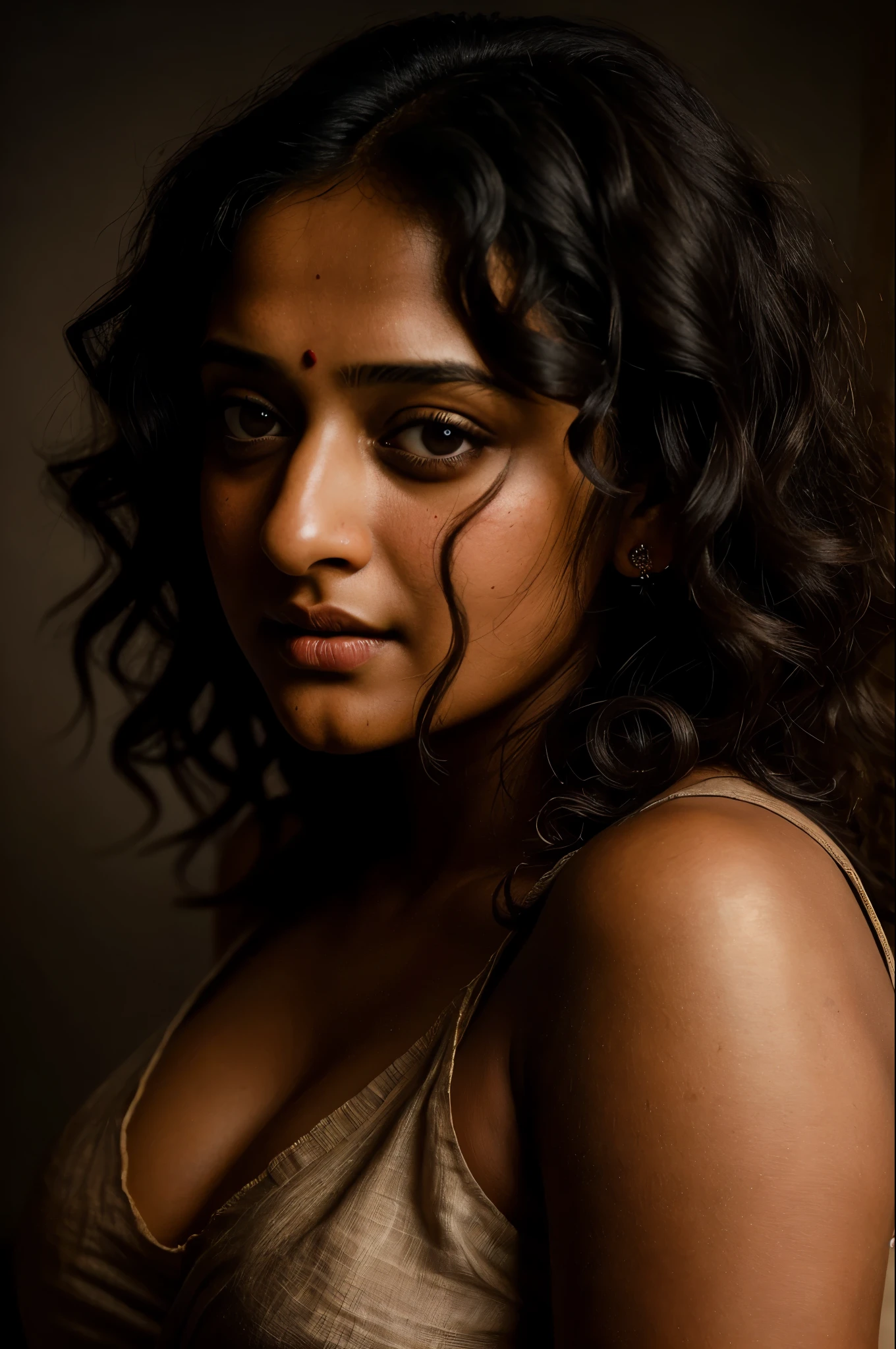 Looks like Anushka Shetty, a photo portrait of a beautiful girl with curls, styled black hair, (face portrait:1.5), dramatic light, Rembrandt lighting scheme, bust shot, linen tank top , top quality editorial photograph, skin texture, skin pores, chocolate skin, high quality skin, top quality photography, professional photography, professional retouching, insane detailing, warm moody tones, raised arms, 
