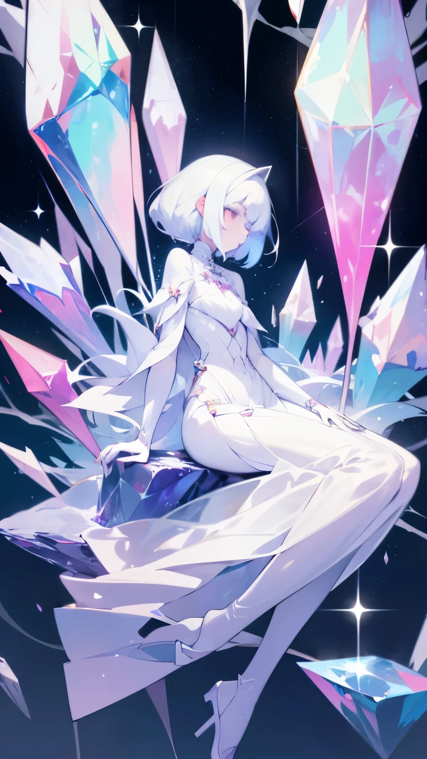 Girl crystal, chipped, shimmering inside, full height, many details, melancholy, Girl composed of crystal, white skin, full length, woman, many colors, not human, Colorful