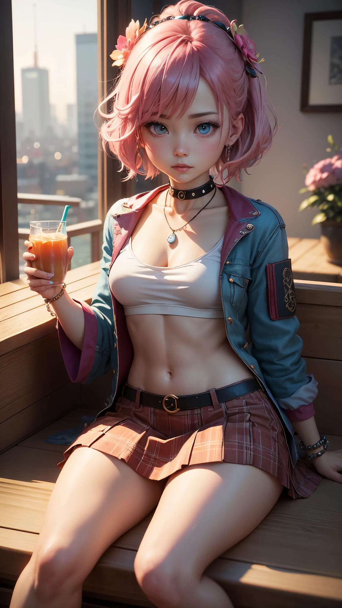 ((Chibi 3D))) Cute and beautiful chibi anime/steampunk、Bob style hair mixed with pink, white and blue, wearing a Japanese uniform, 可愛いTshirt、red plaid skirt,白のワイshirt、jeans、shorts、straighten hair、Ahoge、bag、bangle、bangs、beadsブレスレット、beads、青null、blurry、blurry背景、blurry前景、bridge, building, chain link fence, Christmas lights, chromatic aberration, city, city lights, cityscape, concert,、blue eyes、Watery eye、Moist eyes、building、Mobile Phone Images、choker、#location、inside the room、Colorful wall、furniture、sofa、table、 cut off, written boundary depth, heart, Jacket, gem, look at the audience, abdomen, motion blur, colorful hair, belly button, necklace, clothes, indoor, parted lips,Pearl Bracelet、photograph \(Moderate\)、pink hair、shirt、short hair、null、smile、I read a book、computer、gal peace、drink juice、wave hands、alone、spike bracelet、sitting、studded bracelet、clock、Wristband、腕clockが付いた青いドレスを着たアラフェの女性, goddess of flowers, beautifuldigital artワーク, art style, queen of flowers, 🌺 cgsociety, Girl in flowers, colorfull digital art, vivid fantasy style, Karol Bak Oud, flower lady, ファンタジーbeautiful, Alice x. Open, digital art )、3D,photograph、genuine、beautiful、masterpiece、8K、anatomically correct、zoom in、