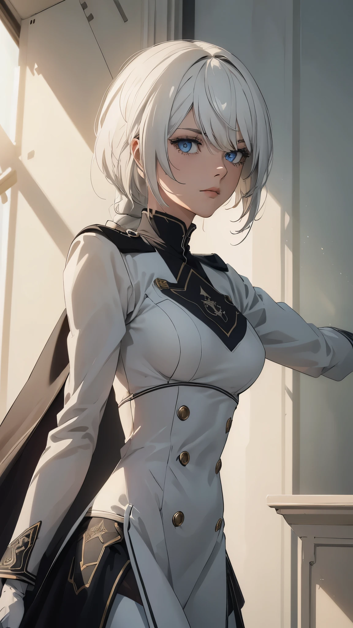 (extremely detailed CG unity 8k wallpaper), (masterpiece), (best quality), (ultra-detailed), (best illustration), (best shadow), (absurdres) ,(detailed eyes), 2b, 1girl, long hair, white hair, solo, Intimidating women, admiral uniform, night, hero pose, white clothes, General Uniform, Military Uniform, Sunlight, exposed to sunlight,commander, fighting pose, wearing cape