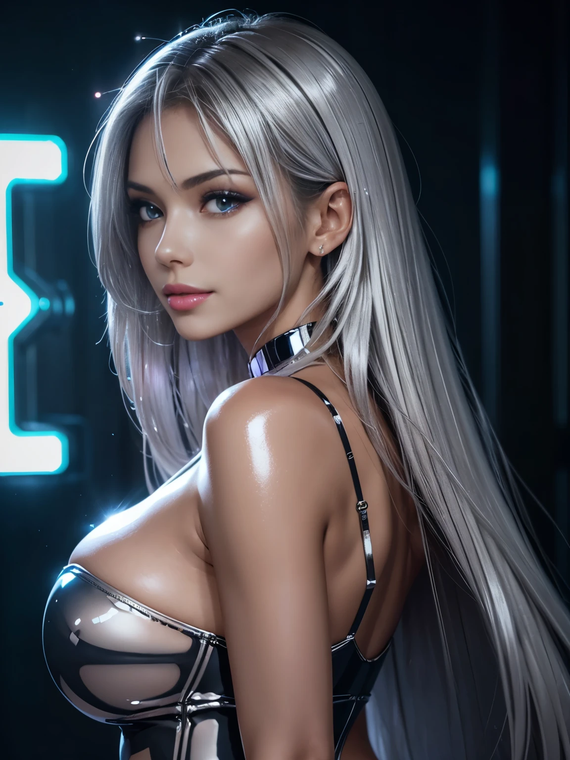 beautiful woman in ultra shiny silver clothes, makeup, (glossy lips: 1.4), hy-res, 8k, cinematic light, skinny, large breasts, straight hair, detailed face, smile, photo taken from a distance, neon lights on hair, backview