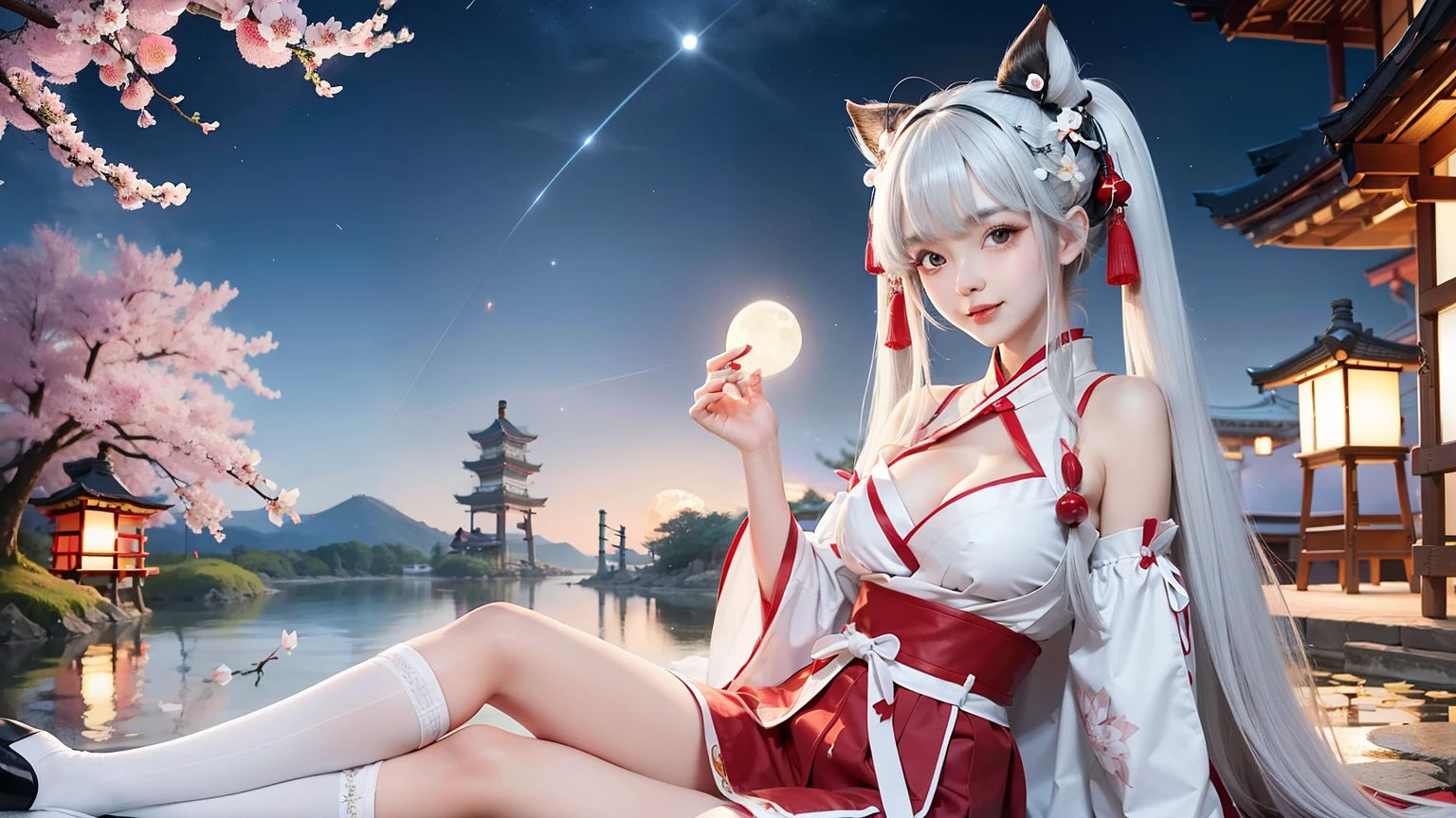 1 girl、Cute red and white shrine maiden costume, long gray hair, twin tails and bangs, Japan Traditional Hair Ornaments, cleavage, Shrine under the full moon night sky, sitting, white thigh high stockings, Lotus pond, Cherry Blossom、smile