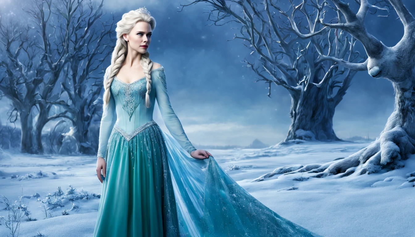 Nicole Kidman como Elsa de Frozen, (27 anos), de corpo inteiro), O vestido Verde Turquesa, The skirt is long to the floor, paisagem de inverno, castelo de gelo ao fundo, noite clara e estrelada, long braided white hair, with a blue tiara on her head, (coroa eyerost azul),(gelado breath),(paisagem coberta de neve),(tempestade de neve),(treerozen congelado floragical),(hipnotizante),(prateado)(retrato),(sutil,soft lighting),(desmaiar,delicado,cores suaves)
