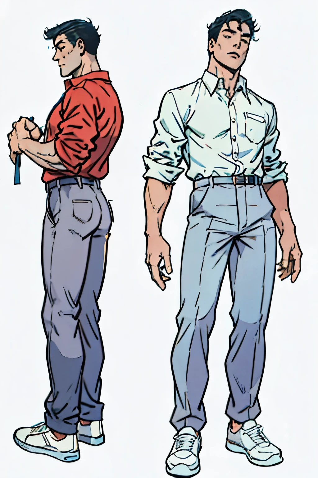sketch of a young man 20 years old with a dress shirt and pants and shoes in different angles digital lineart