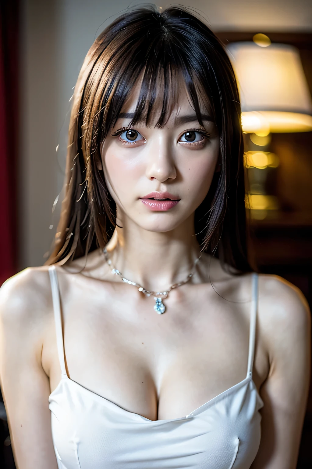 8k、High resolution、punk fashion、beautiful girl、Android Body、young、white skin,、narrow eyes,high nose,lighting that illuminates the face、clear image、intellectual beauty、skinny、no makeup、anxious look、lighting that illuminates the face,shining hair、single eyelid,blue eyes