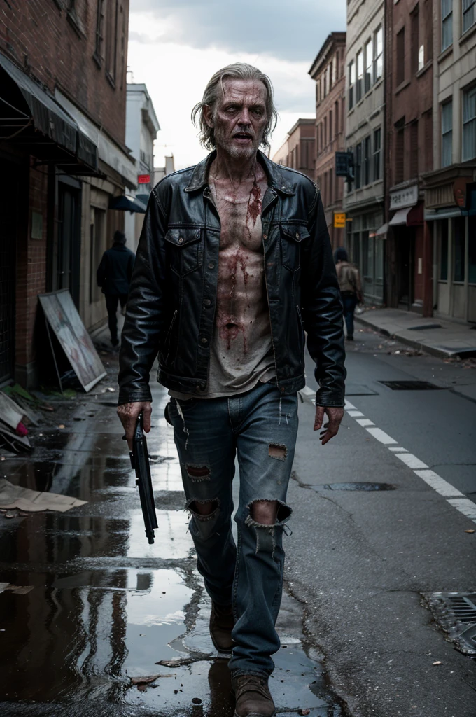 hyperrealism, photorealism, masterpiece, best quality, perfect detail, perfect lighting, horror, horror, The Walking Dead, a man and a zombie, an old zombie, a half-rotten body, torn clothes, dirty clothes, wandering along a deserted street, a destroyed street, a city after a zombie  apocalypse.