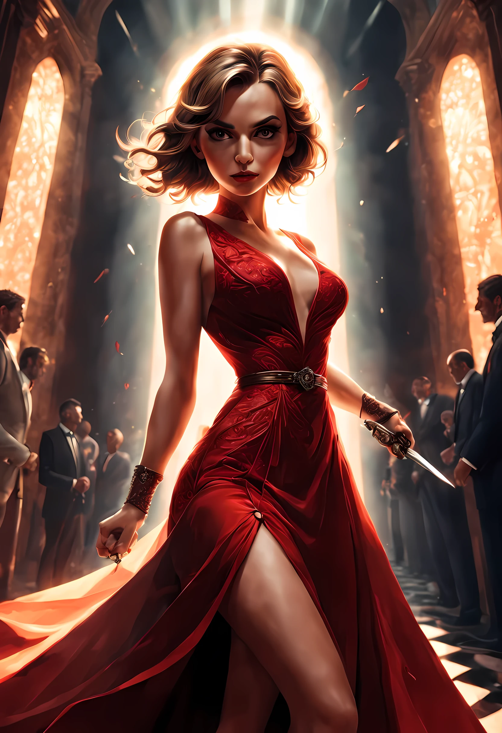 16K, ultra detailed, masterpiece, best quality, (extremely detailed), arafed, action shot, a woman spy, wearing an intricate elegant dress, red dress, sexy dress, holding a (dagger: 1.3) in a elegant, high class cocktail party background, Wide-Angle, Ultra-Wide Angle, 16k, highres, best quality, high details, determined face, god rays, cinematic lighting, glowing light, silhouette, from outside, photorealism, 3D