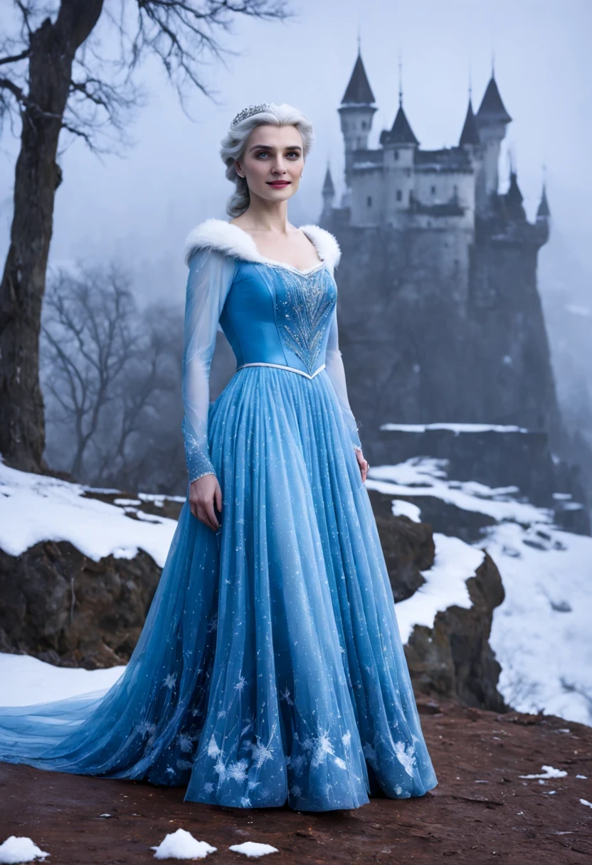 Rachel Weisz como Elsa de Frozen, (27 anos), de corpo inteiro), O vestido Azul Turquesa, The skirt is long to the floor, paisagem de inverno, castelo de gelo ao fundo, noite clara e estrelada, long braided white hair, with a blue tiara on her head, (coroa eyerost azul),(gelado breath),(paisagem coberta de neve),(tempestade de neve),(treerozen congelado floragical),(hipnotizante),(prateado)(retrato),(sutil,soft lighting),(desmaiar,delicado,cores suaves)
