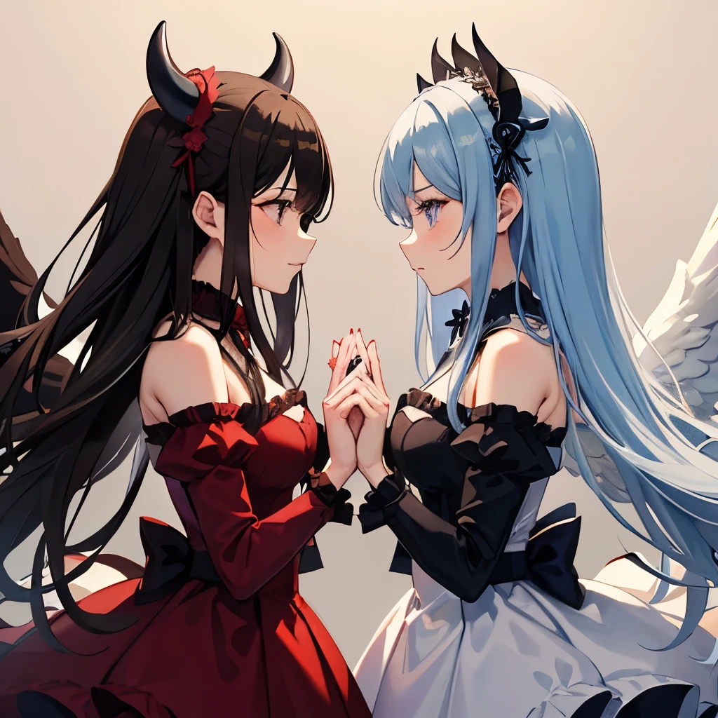 On the left is a devilish beauty in a deep red Gothic Lolita outfit.、On the right is a beautiful angelic woman in a pastel blue frilly dress.、are fighting each other、、purple aura and yellow aura、devil and angel