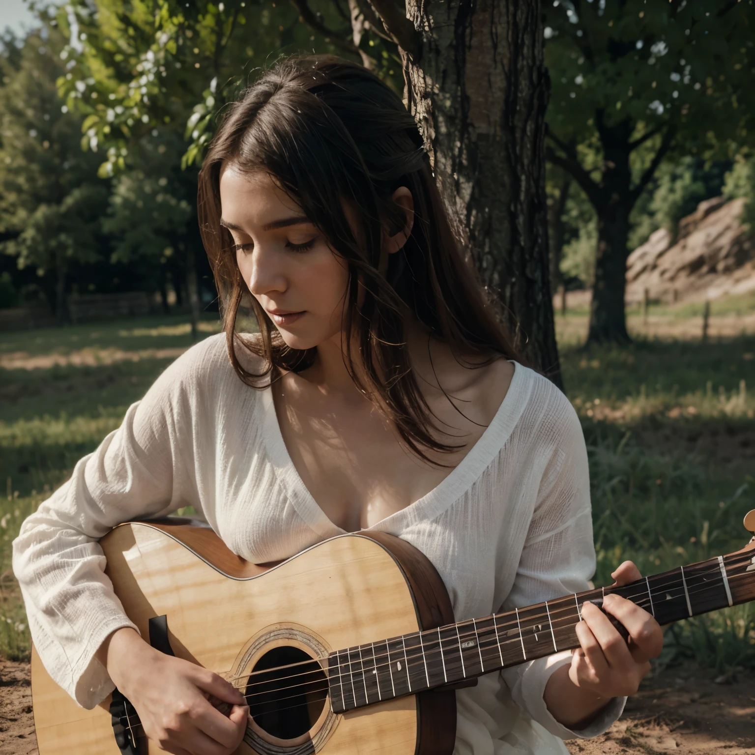 un homme jouant une guitare et une femme vêtue d'une robe blanche sous un arbre sur une colline regardant une ferme dans une vallée, gros plan, plan d'ensemble, 8 k ultra realistic, detailed, intricate, full of colour, cinematic lighting, trending on artstation, 4 k, hyperrealistic, extreme details, unreal engine 5, cinematic, masterpiece