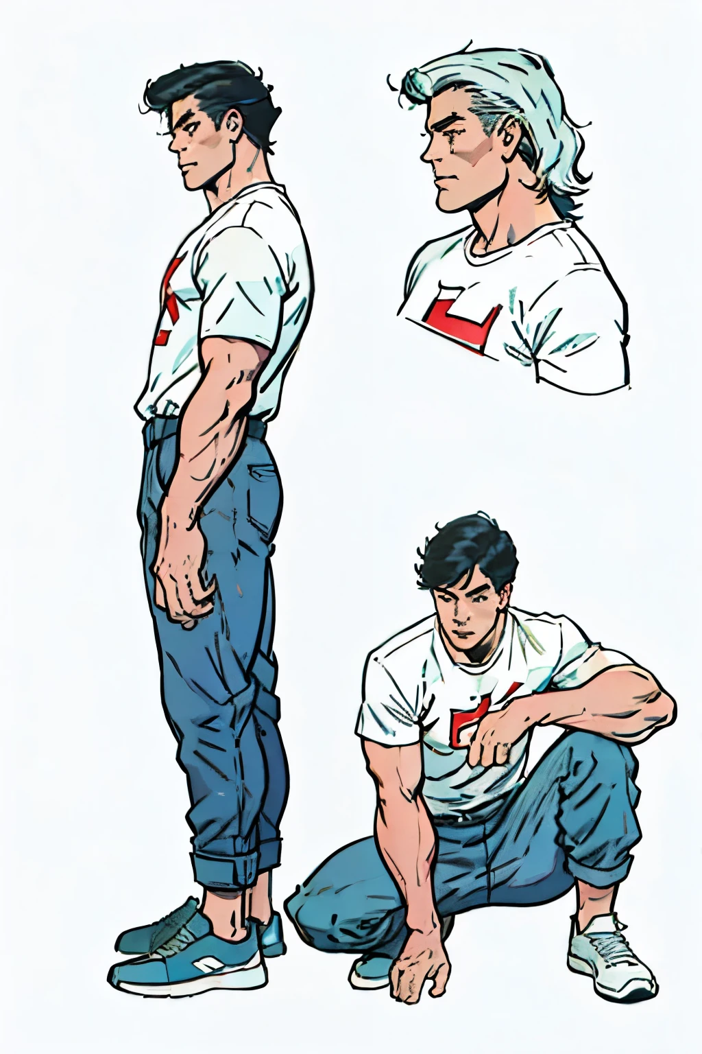 sketch a young man 20 years old with shirt and pants and shoes in different angles digital lineart
