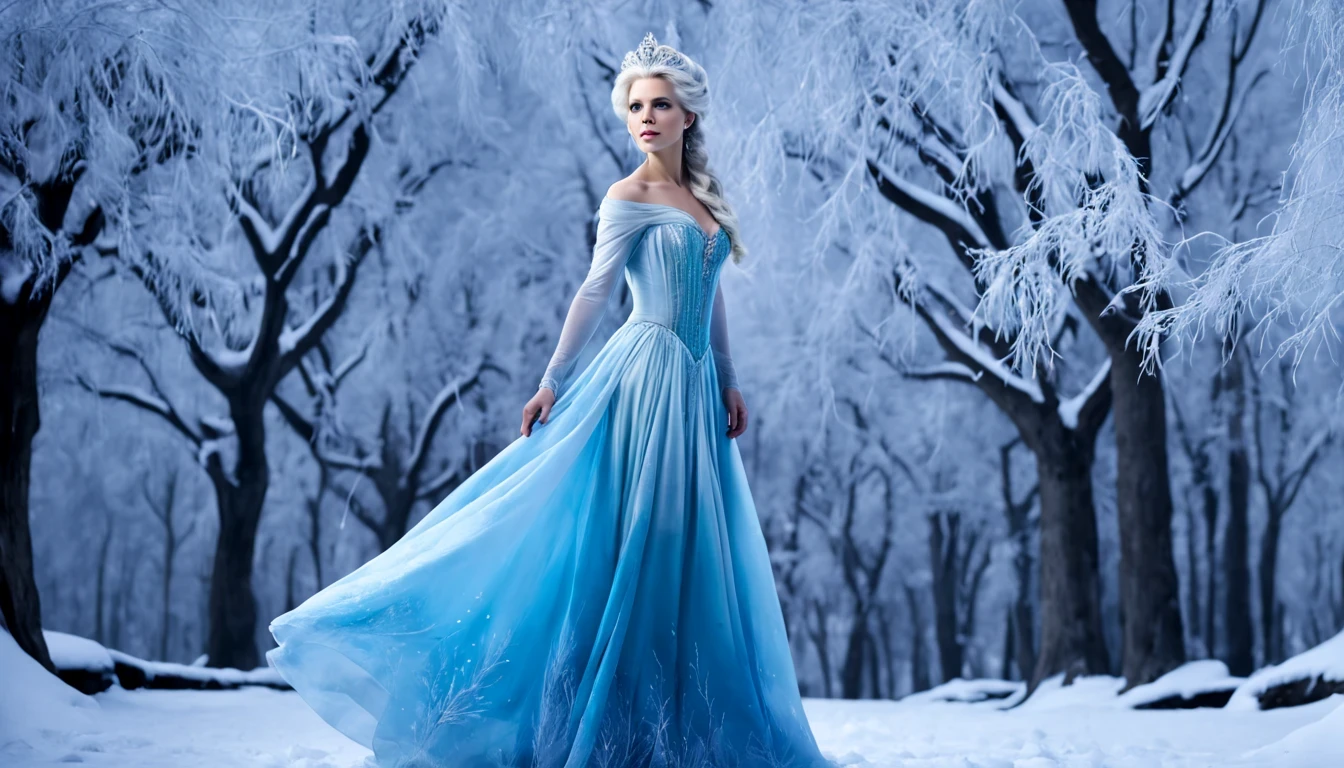 Kate Beckinsale como Elsa de Frozen, (27 anos), de corpo inteiro), O vestido Azul Turquesa, The skirt is long to the floor, paisagem de inverno, castelo de gelo ao fundo, noite clara e estrelada, long braided white hair, with a blue tiara on her head, (coroa eyerost azul),(gelado breath),(paisagem coberta de neve),(tempestade de neve),(treerozen congelado floragical),(hipnotizante),(prateado)(retrato),(sutil,soft lighting),(desmaiar,delicado,cores suaves)
