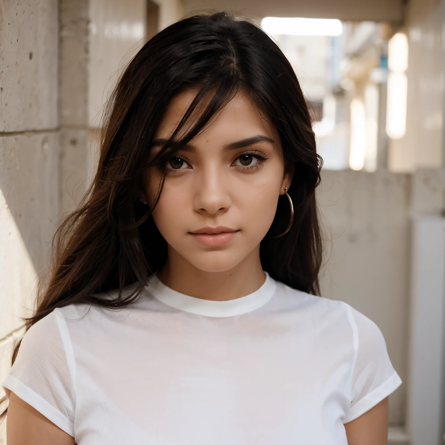 Crea una mujer blanca con pelo negro largo, ojos marrones claros, delgado sexy y muy bonita