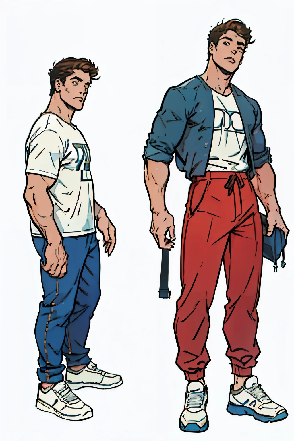 sketch a young man 20 years old with shirt and pants and shoes in different angles digital lineart