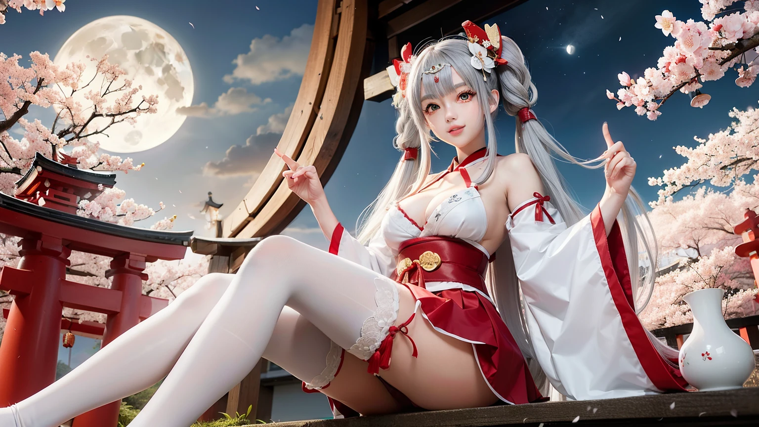 1 girl、Cute red and white shrine maiden costume, long gray hair, twin tails and bangs, Japan Traditional Hair Ornaments, cleavage, Shrine under the full moon night sky, sitting, white thigh high stockings, Lotus pond, Cherry Blossom、smile、5 fingers on hand