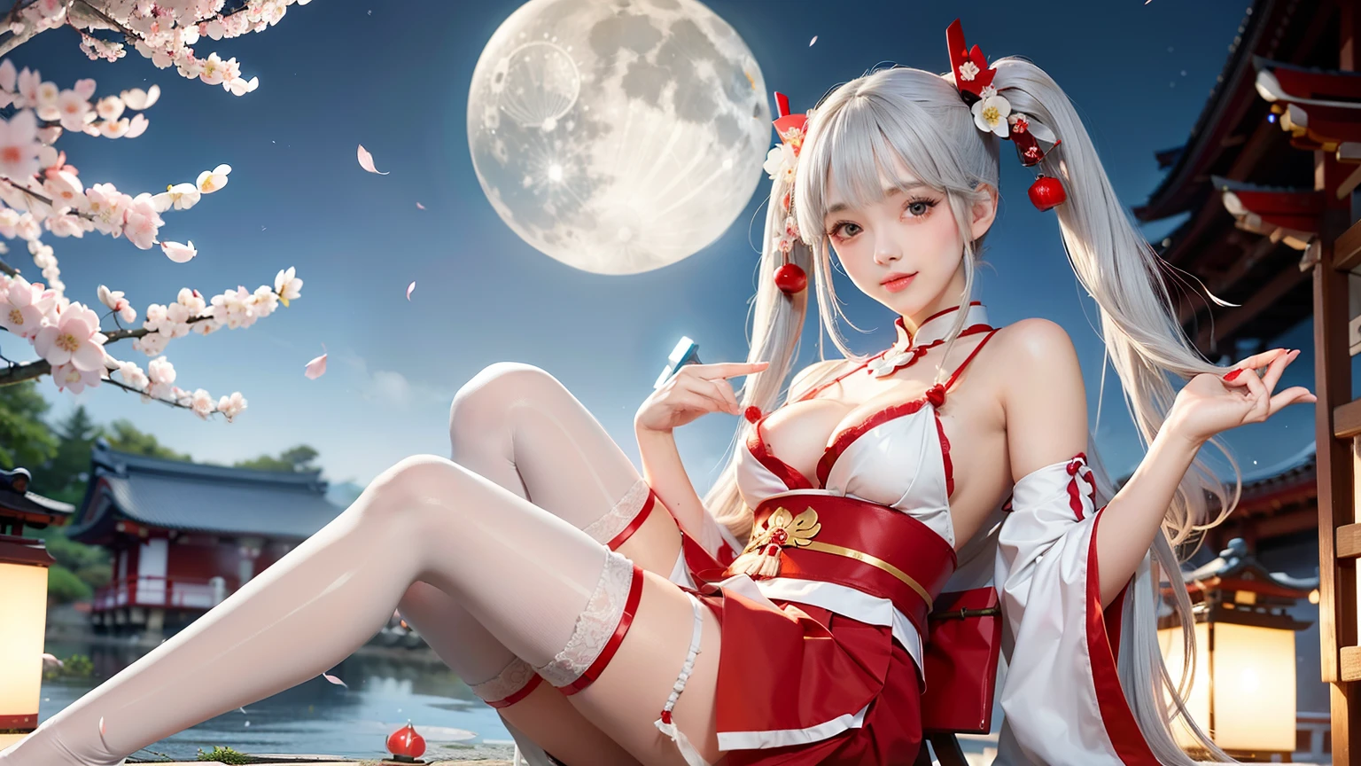 1 girl、Cute red and white shrine maiden costume, long gray hair, twin tails and bangs, Japan Traditional Hair Ornaments, cleavage, Shrine under the full moon night sky, sitting, white thigh high stockings, Lotus pond, Cherry Blossom、smile、5 fingers on hand