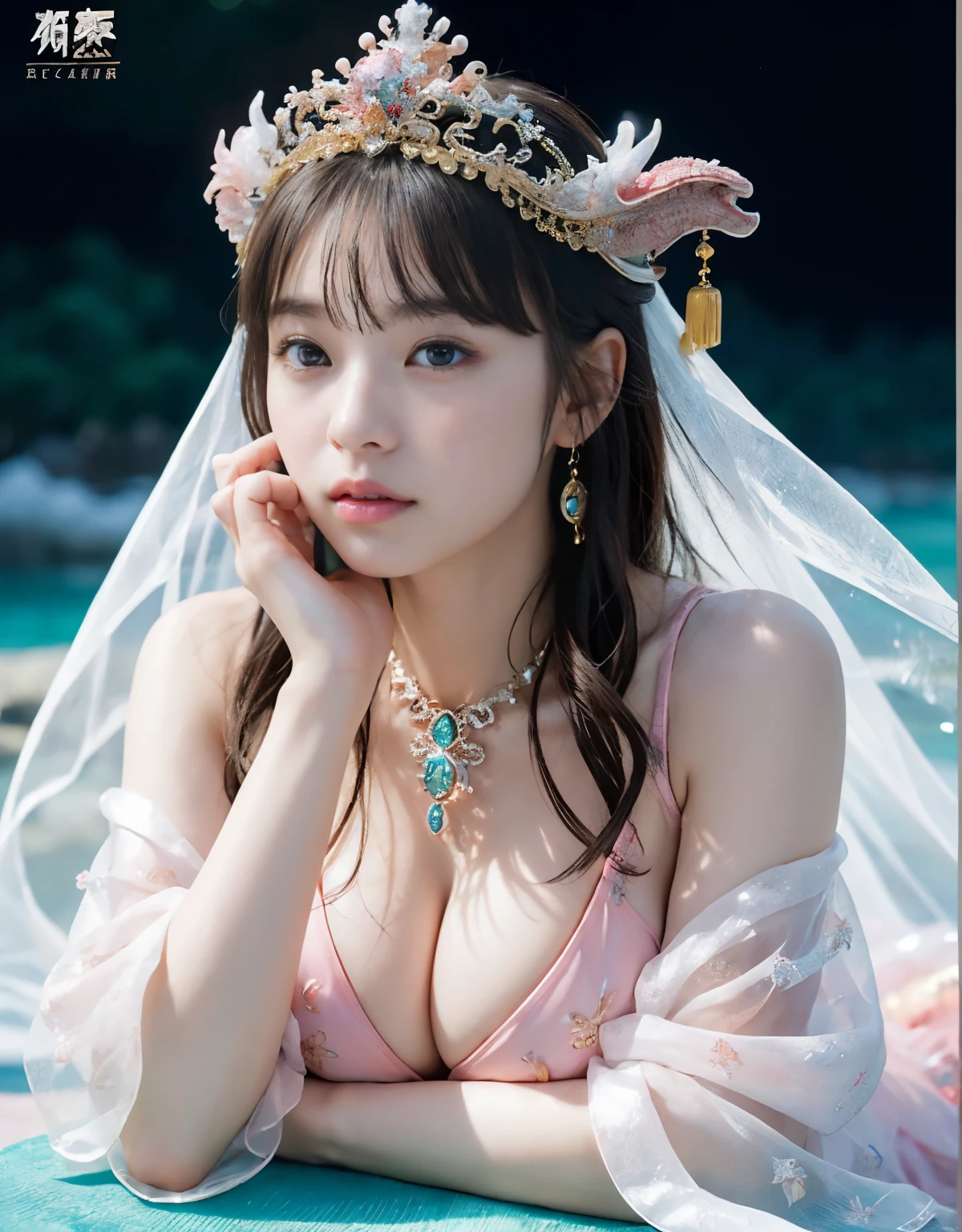 (very heavy chest)、highest quality、masterpiece、ultra high resolution、(ice dragon armor)、(((Metal製))),(((big breasts)))、(((Pink micro bikini with exposed details))),(she wears a beautiful crown made of precious stones.),(Photoreal:1.4)、RAW photo、1 girl、(((random hair))、(((color々take a pose)))、glowing skin、(((ice ice chinese dragon)))、intricate and gorgeous hair ornaments、(Looks like a gorgeous jewelry necklace)、(someone who looks at you calmly, Eyes like a goddess.)happiness:1.2).((beautiful sea background))、cliff、(ruins background)、((Ultra realistic details))、portrait、global illumination、(sexy pose)、Shadow、octane rendering、16k、big breasts、Raw skin exposed in the cleavage、Metal、intricate decorative details、Japan details、very intricate details、realistic light、CG Society Trenlow Eyes、Eyes shining towards the camera、(veil)、(((heavy big))),Shining eyes shine、armpit、24k,