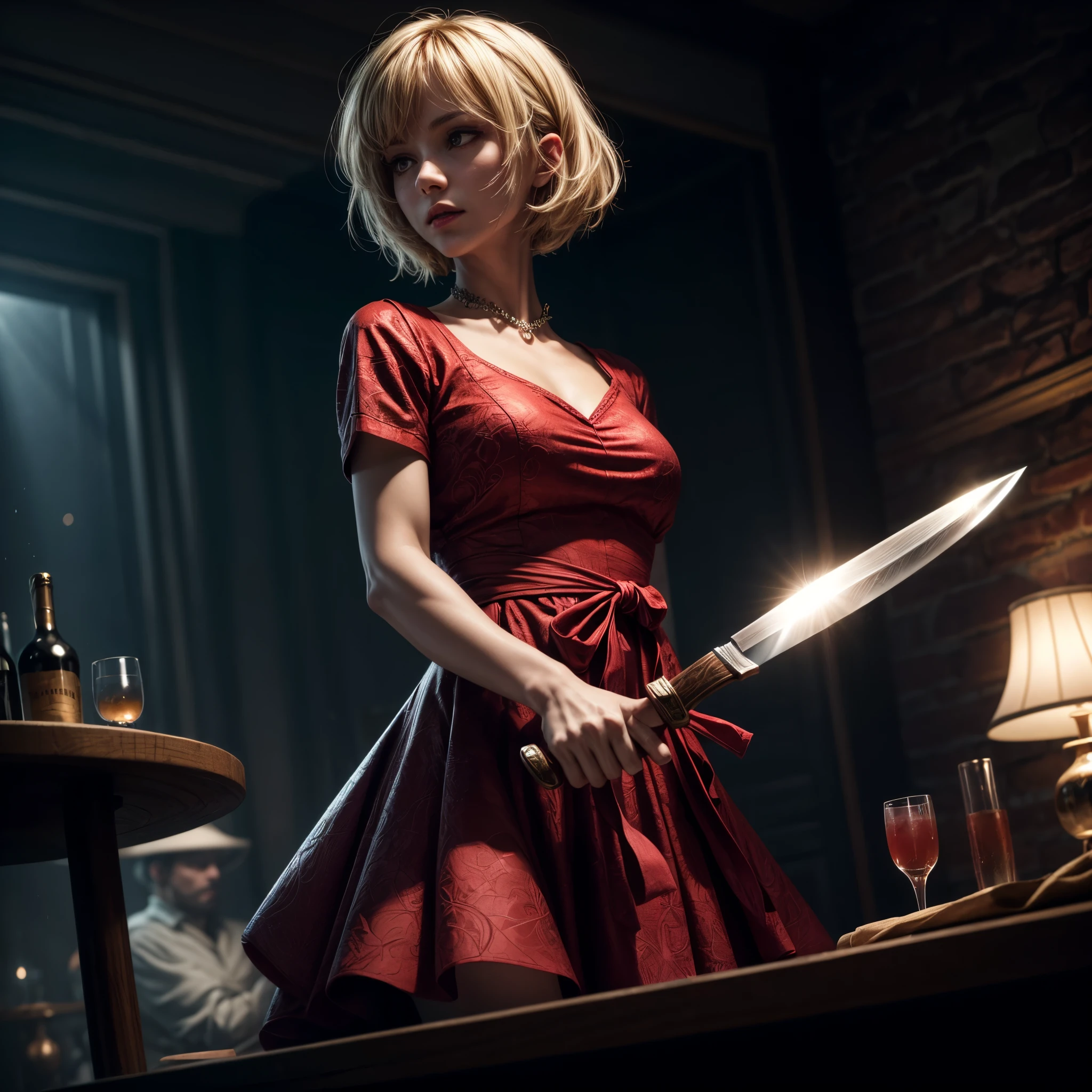 16K, ultra detailed, masterpiece, best quality, (extremely detailed), arafed, action shot, a woman spy, wearing an intricate elegant dress, red dress, blond hair, pixie cut, sexy dress, holding a (knife: 1.3) in a elegant, high class cocktail party background, Wide-Angle, Ultra-Wide Angle, 16k, highres, best quality, high details, determined face, god rays, cinematic lighting, glowing light, silhouette, from outside, photorealism, 3D