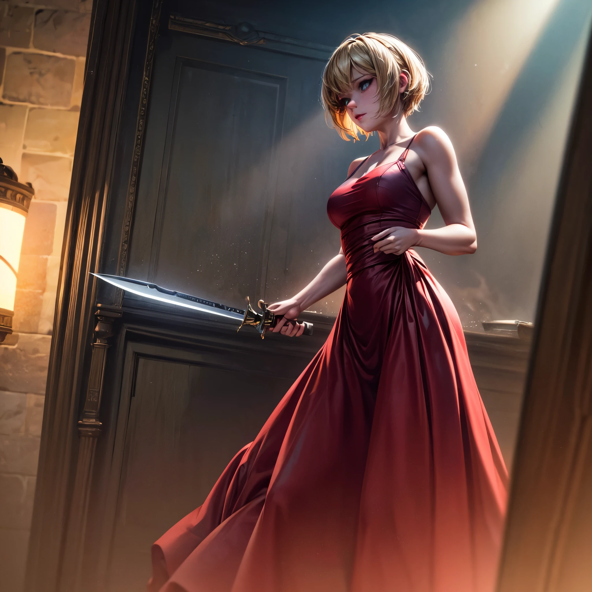 16K, ultra detailed, masterpiece, best quality, (extremely detailed), arafed, action shot, a woman spy, wearing an intricate elegant dress, red dress, blond hair, pixie cut, sexy dress, holding a (dagger: 1.3) in a elegant, high class cocktail party background, Wide-Angle, Ultra-Wide Angle, 16k, highres, best quality, high details, determined face, god rays, cinematic lighting, glowing light, silhouette, from outside, photorealism, 3D