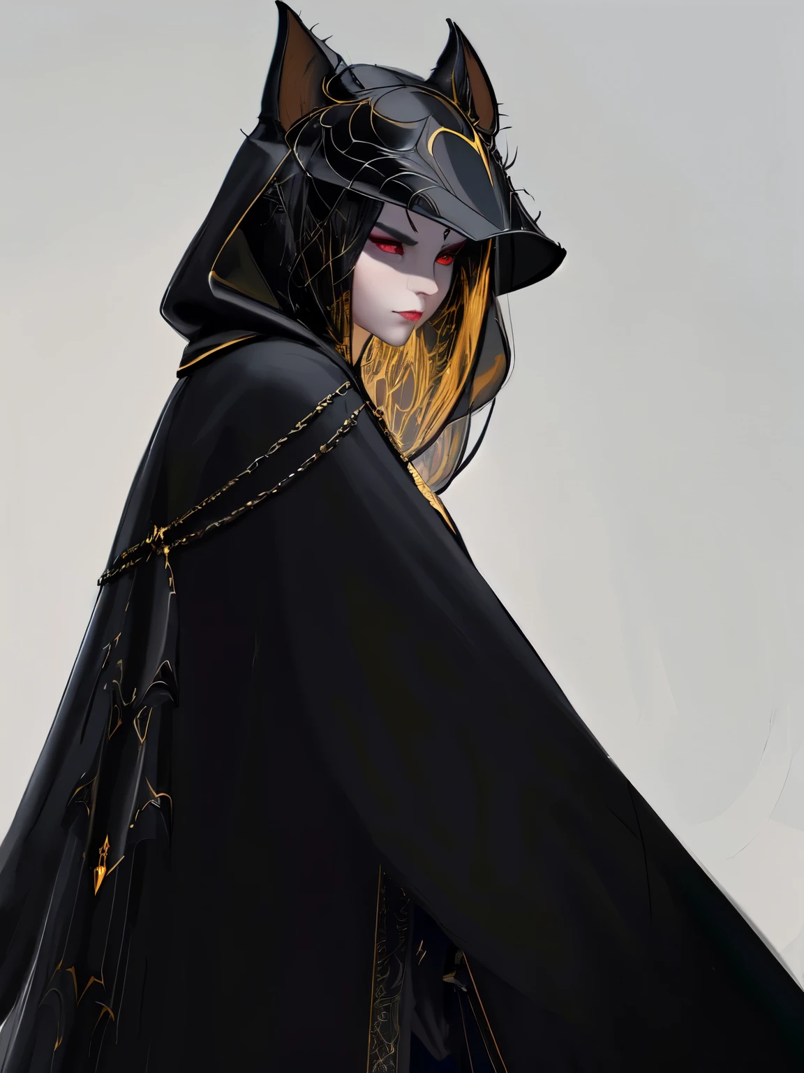 there is a woman in a black cat mask and a black cape, in dark robes with gold accents, cloaked woman, trendin on artstation, human :: sorceress, concept portrait, cloaked, veiled, moebius + loish + wlop, digital concept art, inspired by WLOP, ryan glitter concept artist, charlie bowater character art