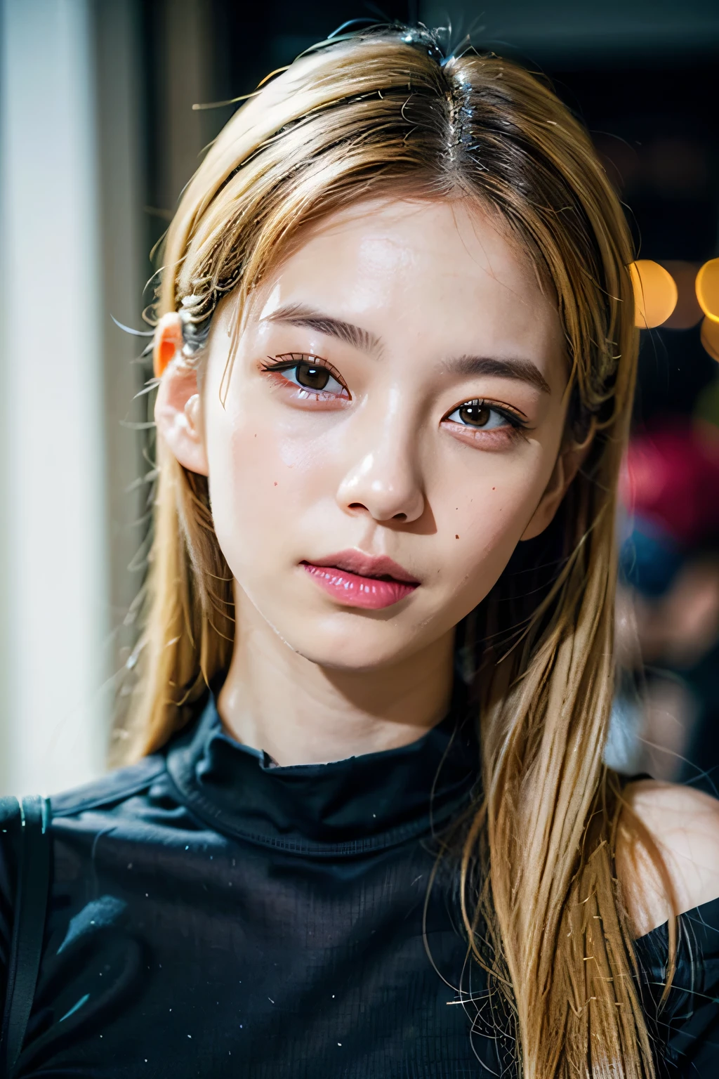 8k、High resolution、punk fashion、beautiful girl、Android Body、young、white skin,、narrow eyes,high nose,lighting that illuminates the face、clear image、intellectual beauty、skinny、no makeup、anxious look、lighting that illuminates the face,shining hair、single eyelid,blue eyes