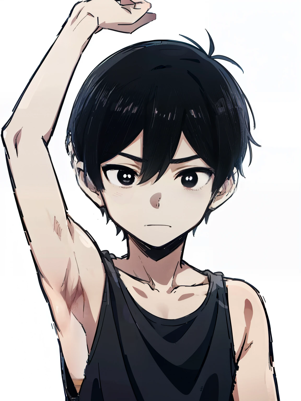 Anime style, monochrome,tcoaal, solo, looking at viewer, short hair, 1boy, Omori, Shota, closed mouth,black hair, (Armpit:1.3), (Tank top), male focus, Simple background, bright pupils, outline, white pupils, Black hoodie, white outline,