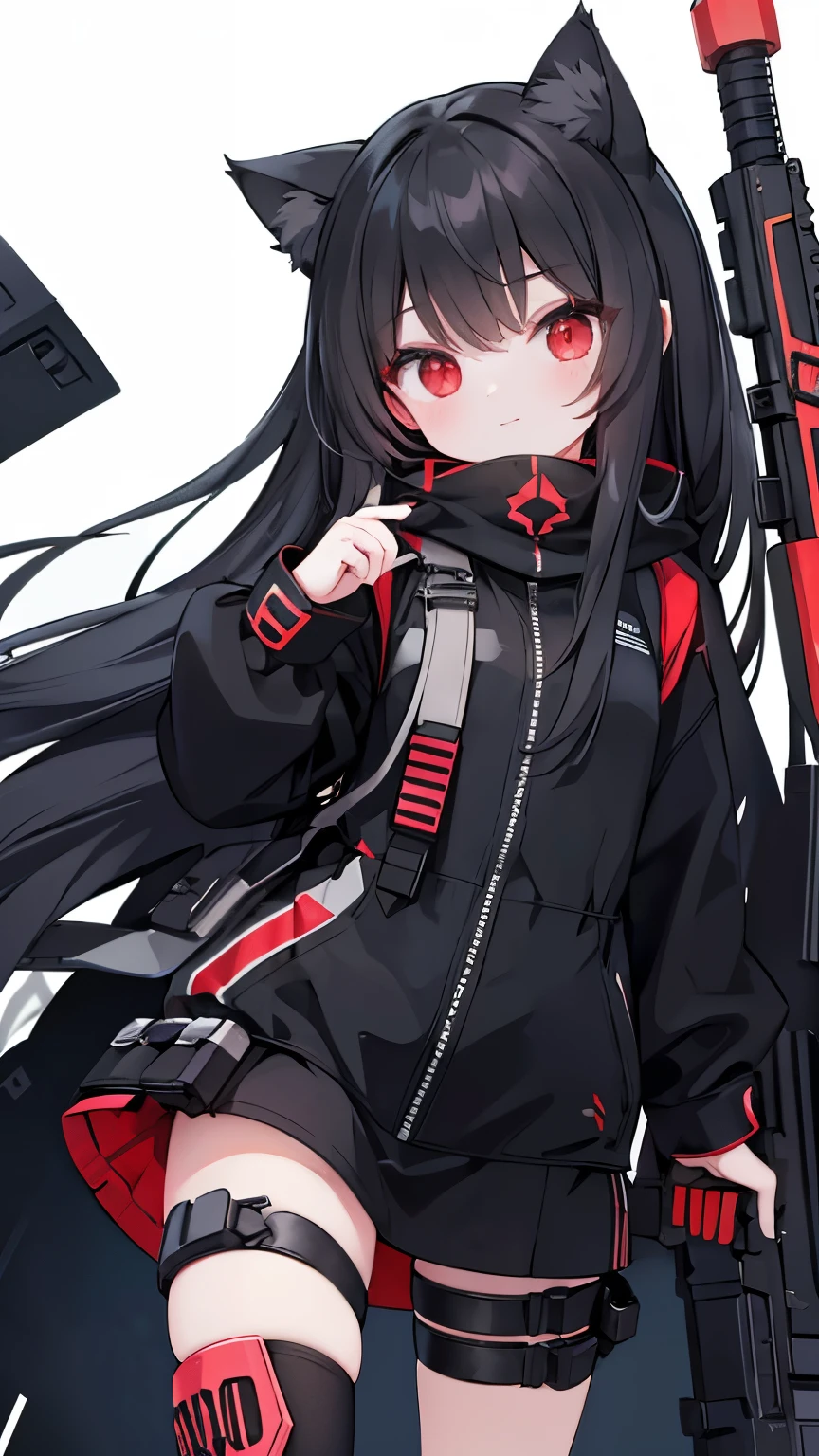 long black hair,Cat-eared girl,red eyes,tactical clothing,black mask,Transparent sports goggles