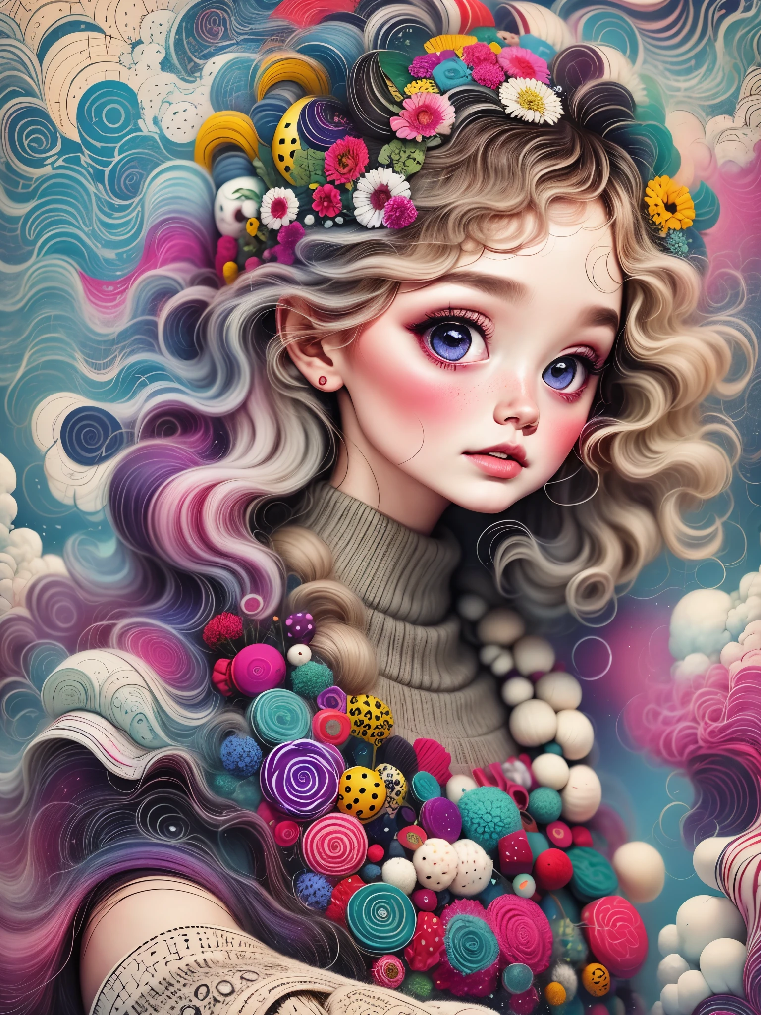 （best quality，4k，8k，high-rise，masterpiece：1.2），soft主题，Lollipop，beautiful goddess，round face，big eyes，eyelash，wavy long hair，portrait，Super fine，suit，（Colorful fluffy clouds，彩色羊Hairball，white wool clothes，soft，Hairball，Colored marshmallows），rainbow，illustration，happy dreamy atmosphere，Vibrant colors，Star，moon