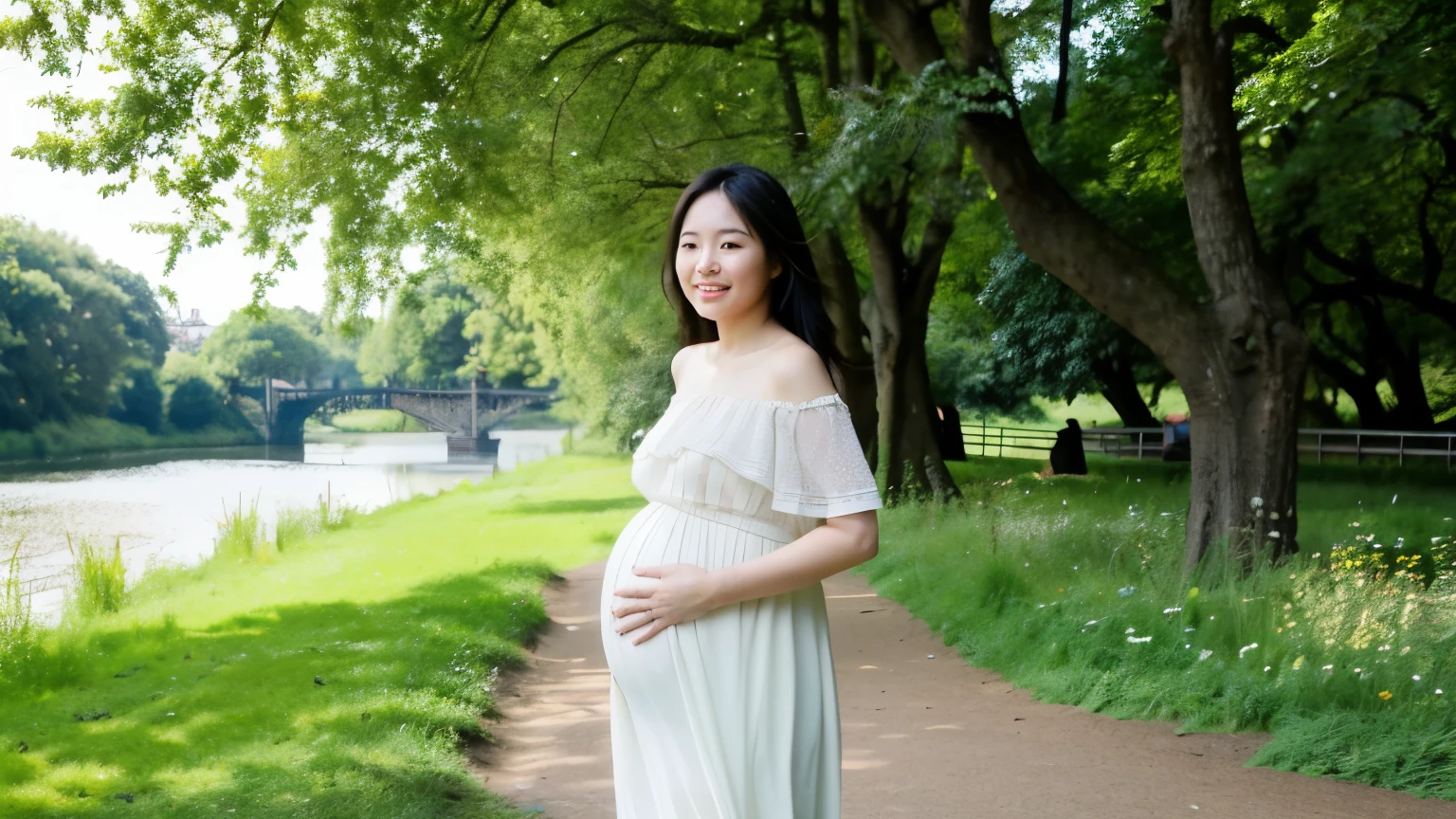 a pregnant indonesian chubby woman in a blue dress sitting leaning against a tree in the field, light blue dress portrait, full body wide shot, Unreal Engine 5, Taken using iPhone15 Pro Max Camera, profile picture 1536px, photorealistic, high quality