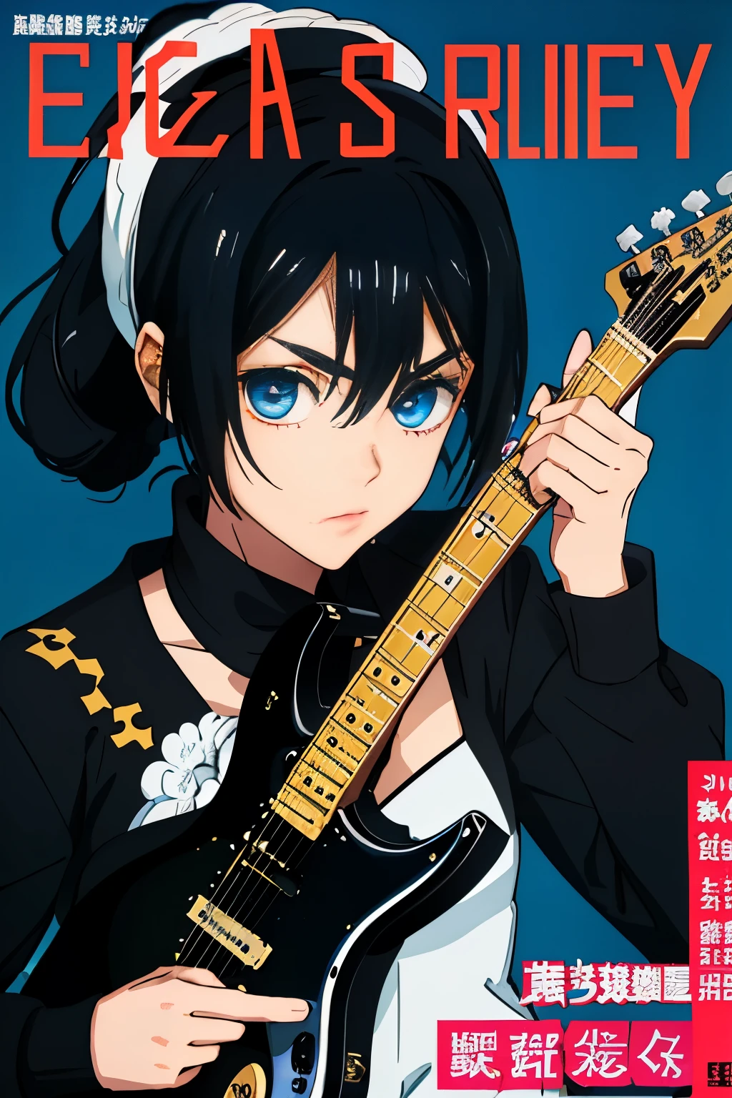 1 girl, neko-chan, (Stage costume covered in jewels), jet black hair,blue eyes、 (play electric guitar), ((electric guitar in hand)), best shadow, (highest quality, amazing details:1.25), ((magazine cover)), magazine title, article,
