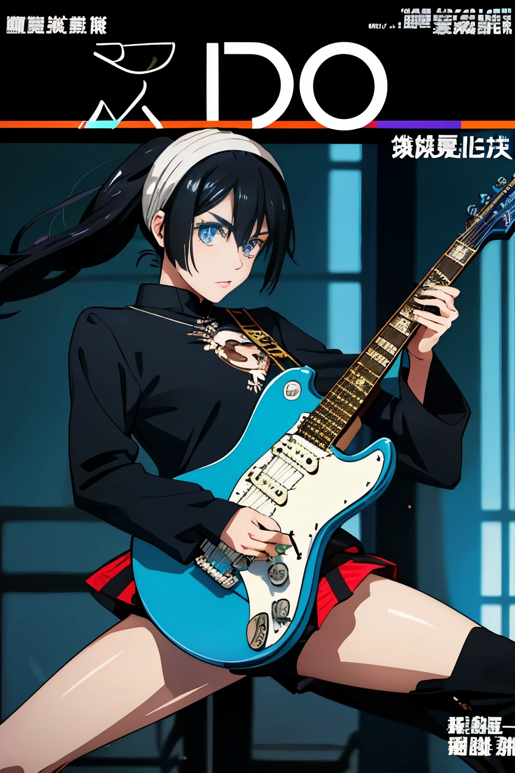 1 girl, neko-chan, (Stage costume covered in jewels), jet black hair,blue eyes、 (play electric guitar), ((electric guitar in hand)), best shadow, (highest quality, amazing details:1.25), ((magazine cover)), magazine title, article,