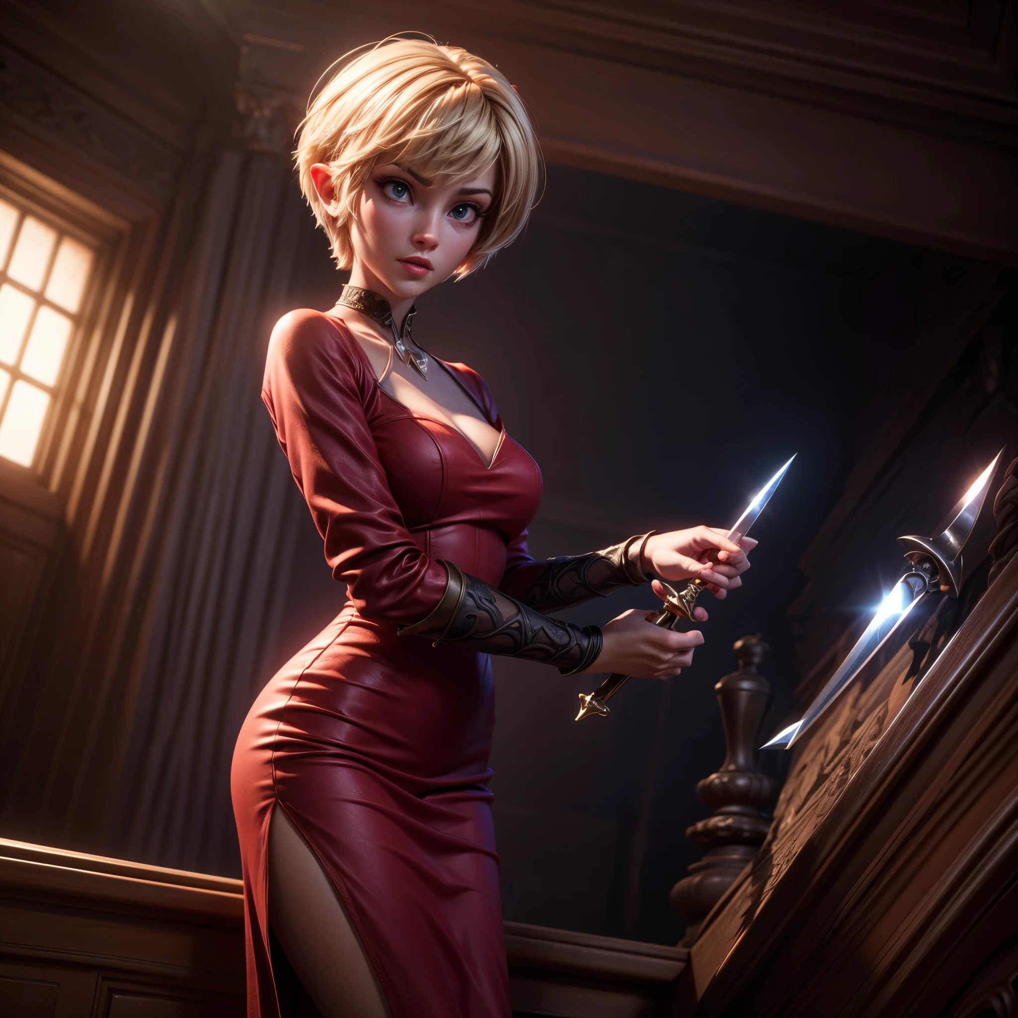 16K, ultra detailed, masterpiece, best quality, (extremely detailed), arafed, action shot, a woman spy, wearing an intricate elegant dress, red dress, blond hair, pixie cut, sexy dress, holding a (dagger: 1.3) in a elegant, high class cocktail party background, Wide-Angle, Ultra-Wide Angle, 16k, highres, best quality, high details, determined face, god rays, cinematic lighting, glowing light, silhouette, from outside, photorealism, 3D