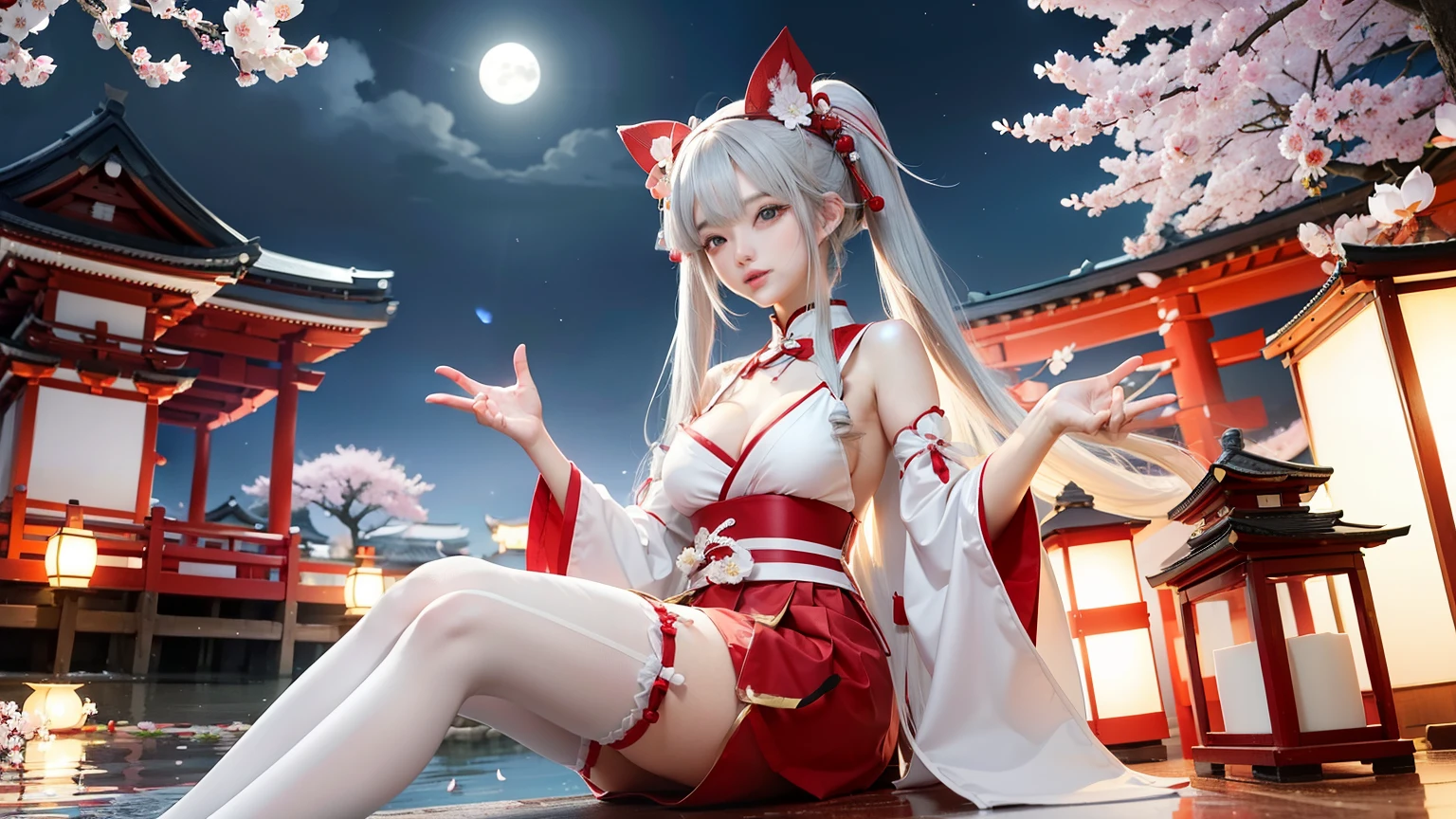1 girl、Cute red and white shrine maiden costume, long gray hair, twin tails and bangs, Japan Traditional Hair Ornaments, cleavage, Shrine under the full moon night sky, sitting, white thigh high stockings, Lotus pond, Cherry Blossom、smile、5 fingers on hand