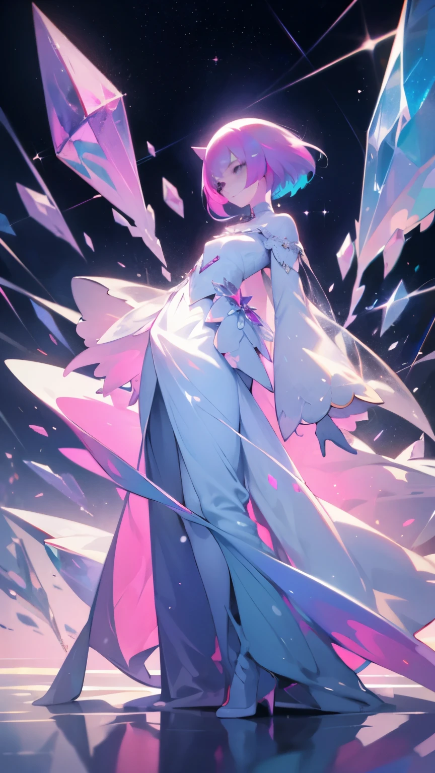 Girl crystal, chipped, shimmering inside, full height, many details, melancholy, Girl composed of crystal, white skin, full length, woman, many colors, not human, Colorful, Gems, Colorful, bright, saturated, Colored Hair, Colored Clothes, Precious