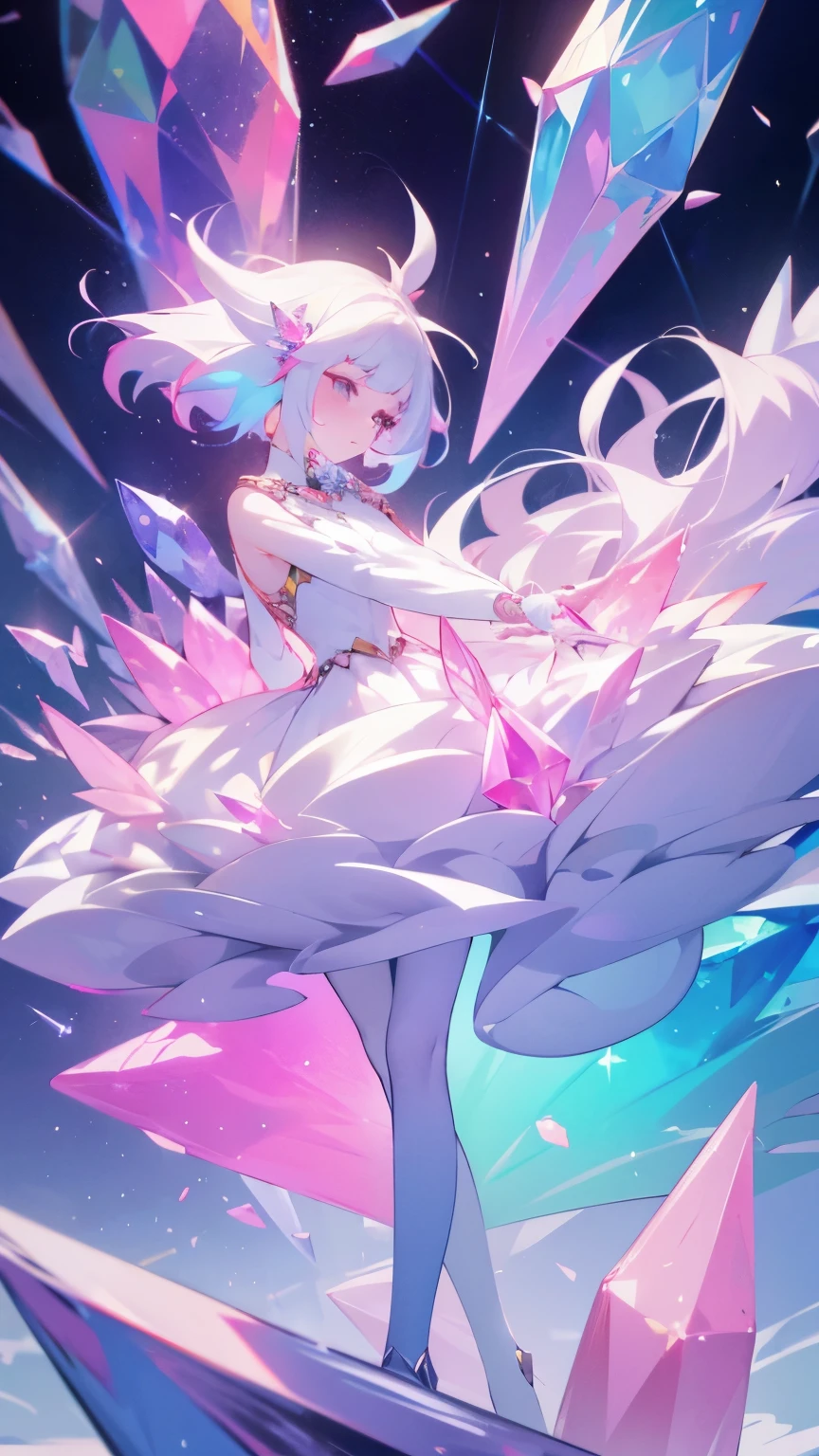 Girl crystal, chipped, shimmering inside, full height, many details, melancholy, Girl composed of crystal, white skin, full length, woman, many colors, not human, Colorful, Gems, Colorful, bright, saturated, Colored Hair, Colored Clothes, Precious