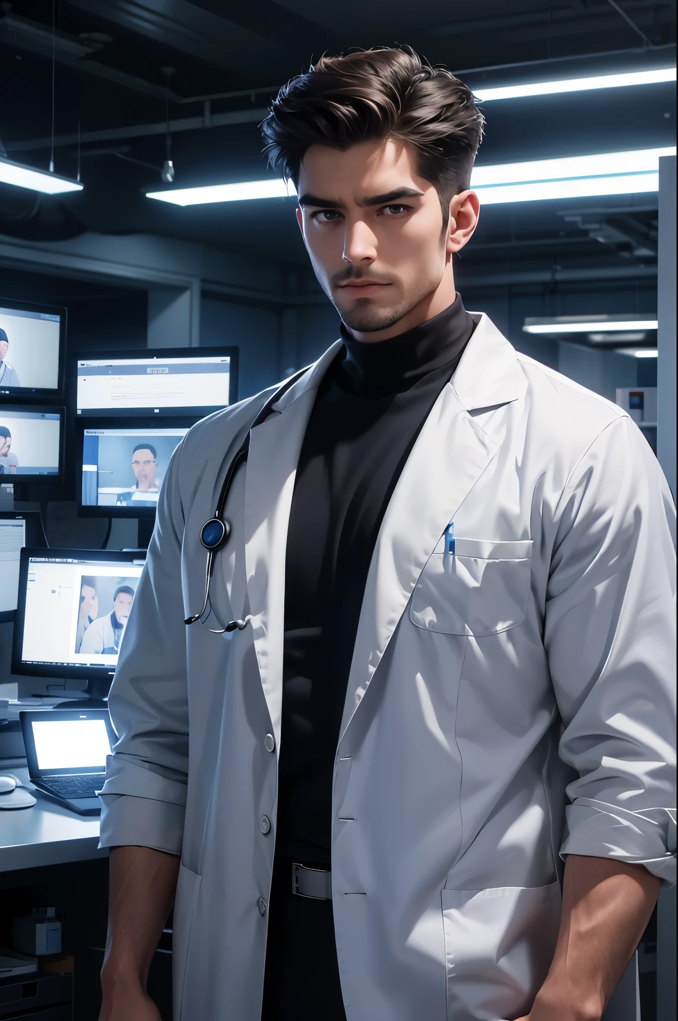 (best quality,4k,8k,highres,masterpiece:1.2),ultra-detailed,(realistic,photorealistic,photo-realistic:1.37),(muscular) man standing as doctor, thick arms, bulging veins, beard and hair, wearing a stethoscope, examining a patient in a modern hospital, bright and clean environment, bright lighting, with surgical instruments nearby, wearing a white lab coat, calm and confident expression, professional and experienced, surrounded by medical staff, computers and monitors showing medical data and images, high-tech medical equipment, futuristic and advanced, portraying a scene of expertise and cutting-edge healthcare.
