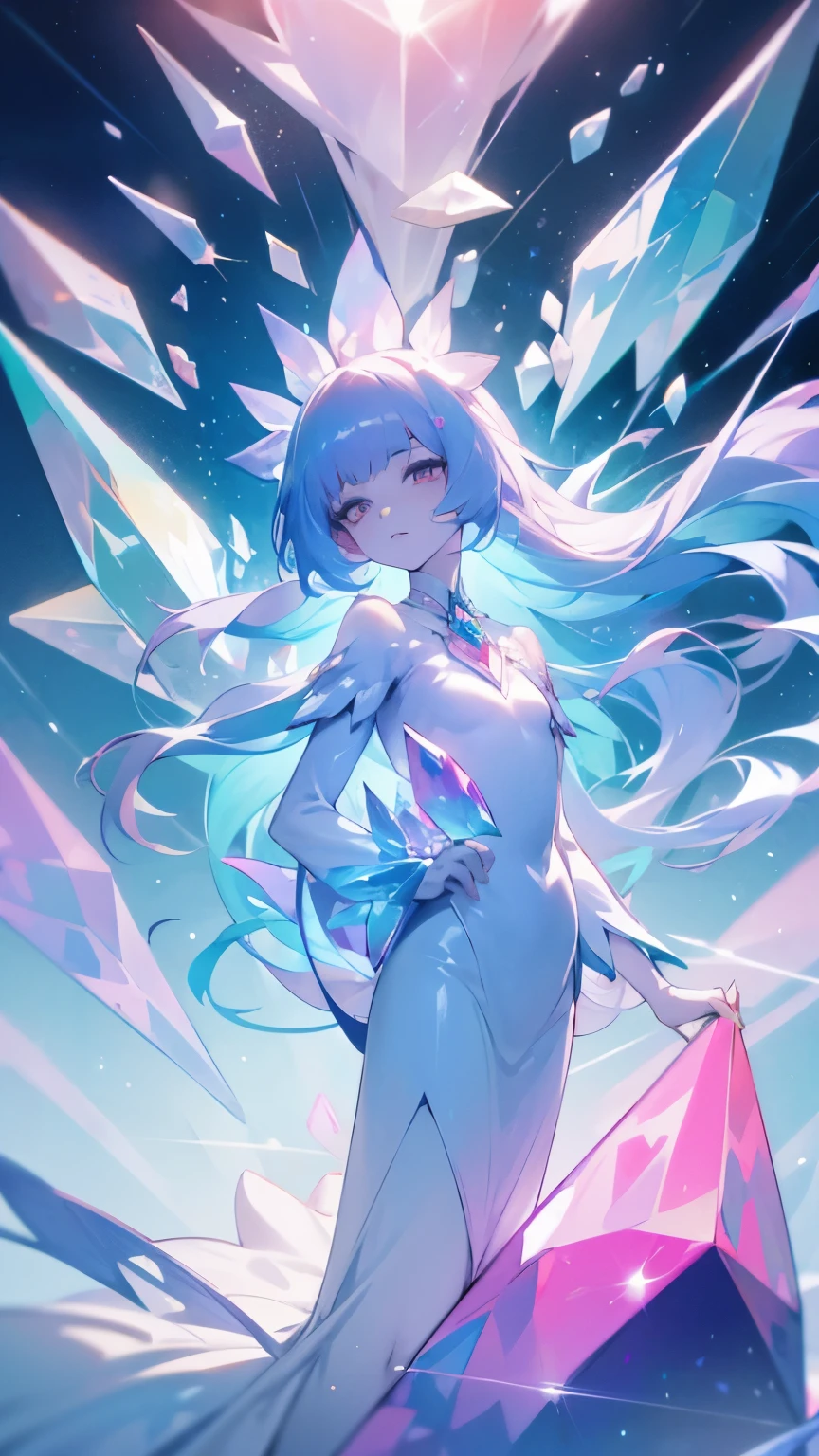 Girl crystal, chipped, shimmering inside, full height, many details, melancholy, Girl composed of crystal, white skin, full length, woman, many colors, not  human, Colorful, Gems, Colorful, bright, saturated, Colored Hair, Colored Clothes, Precious