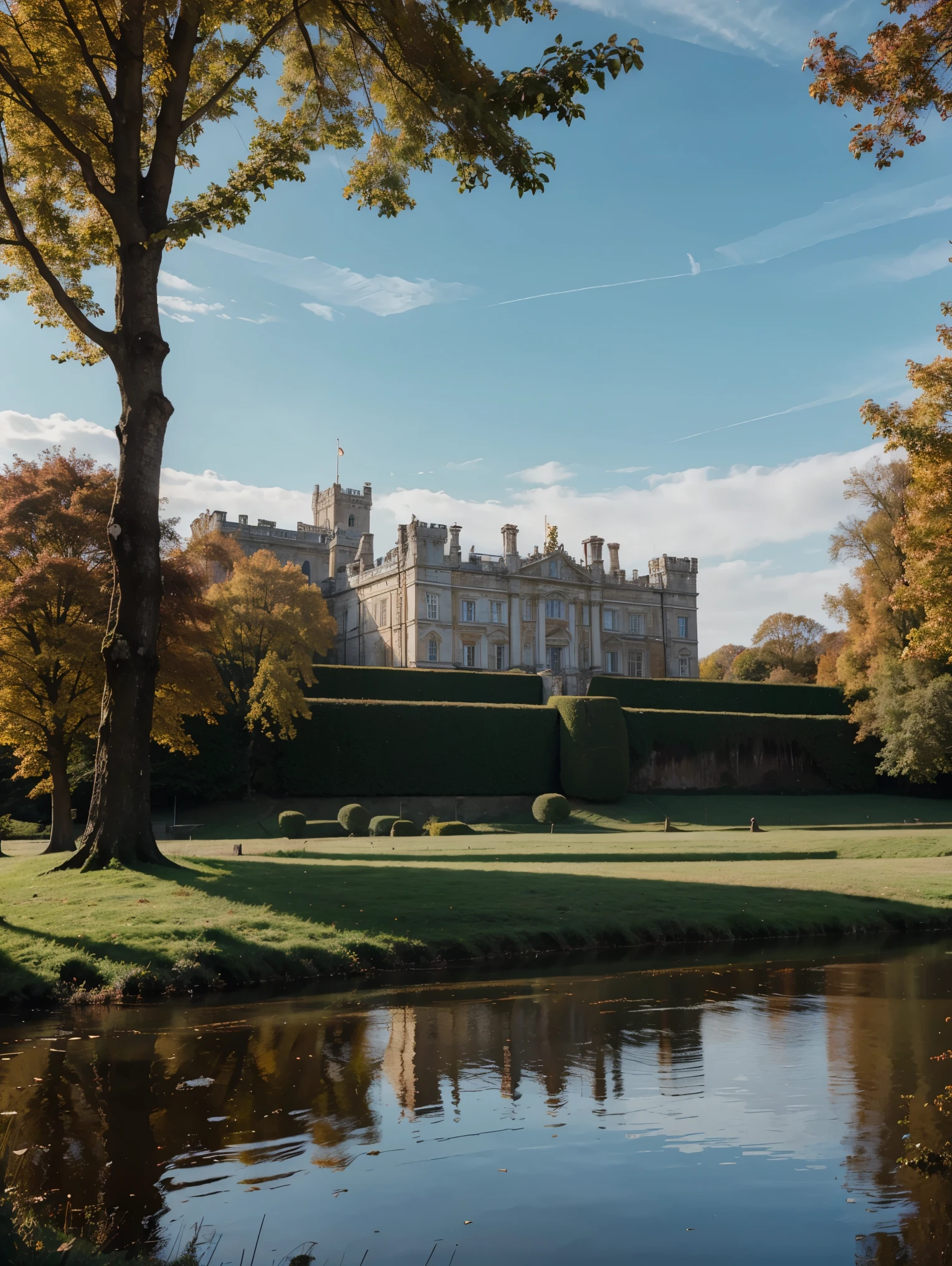 photo realistic, natural light, detailed, RAW, English palace in autumn from a distance, 17th century