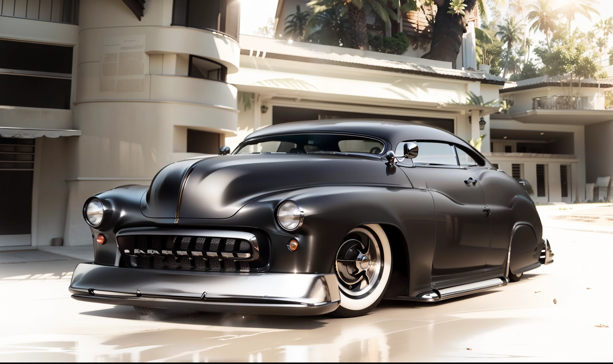 Imponente Preto Mercury 49 Show Car, enormes rodas BBS, Ridiculously low posture parked near palm trees and beautiful mansions with oceanfront balconies with the sun shining and reflecting all around and on the yachts in the background in sunny California by Syd Mead