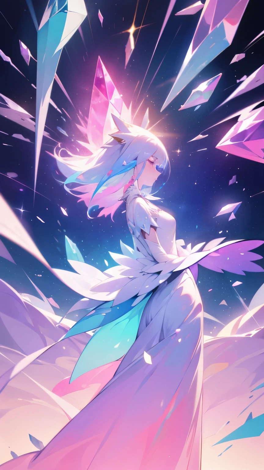 Girl crystal, chipped, shimmering inside, full height, many details, melancholy, Girl composed of crystal, white skin, full length, woman, many colors, not human, Colorful, Gems, Colorful, bright, saturated, Colored Hair, Colored Clothes, Precious, woman