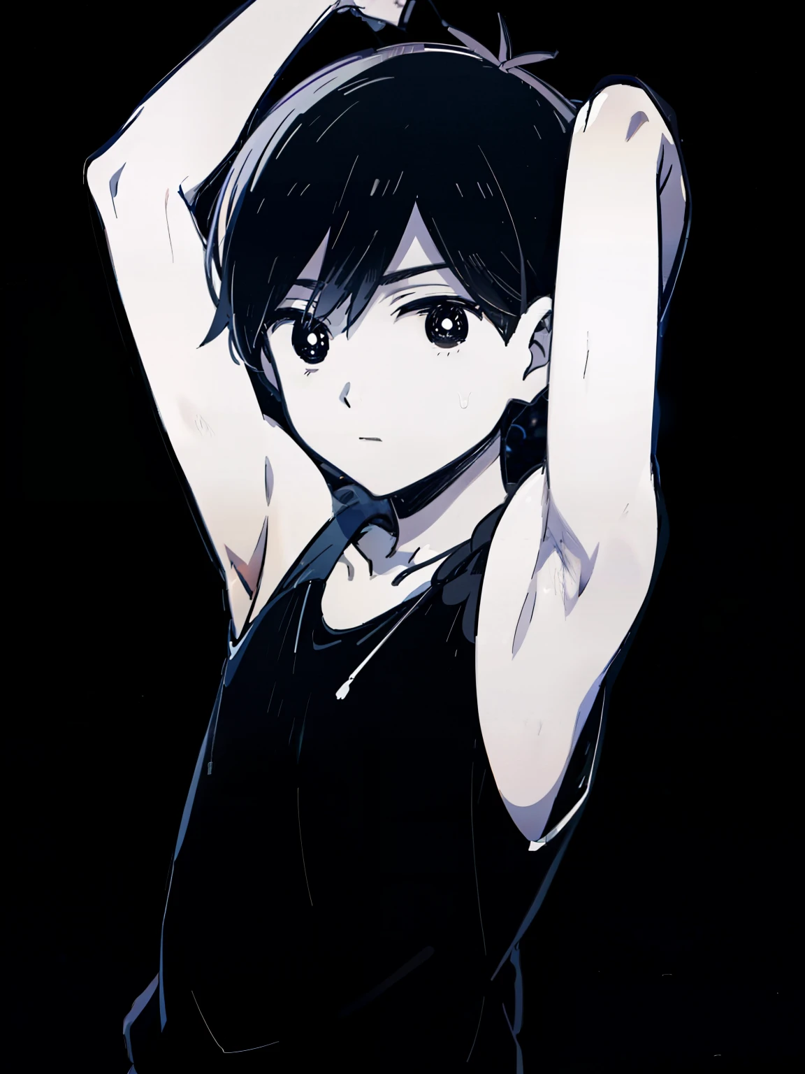 Anime style, monochrome,tcoaal, solo, looking at viewer, short hair, 1boy, Omori, Shota, closed mouth,black hair, (Armpit:1.3), (Tank top), male focus, Simple background, bright pupils, outline, white pupils, Black hoodie, white outline,