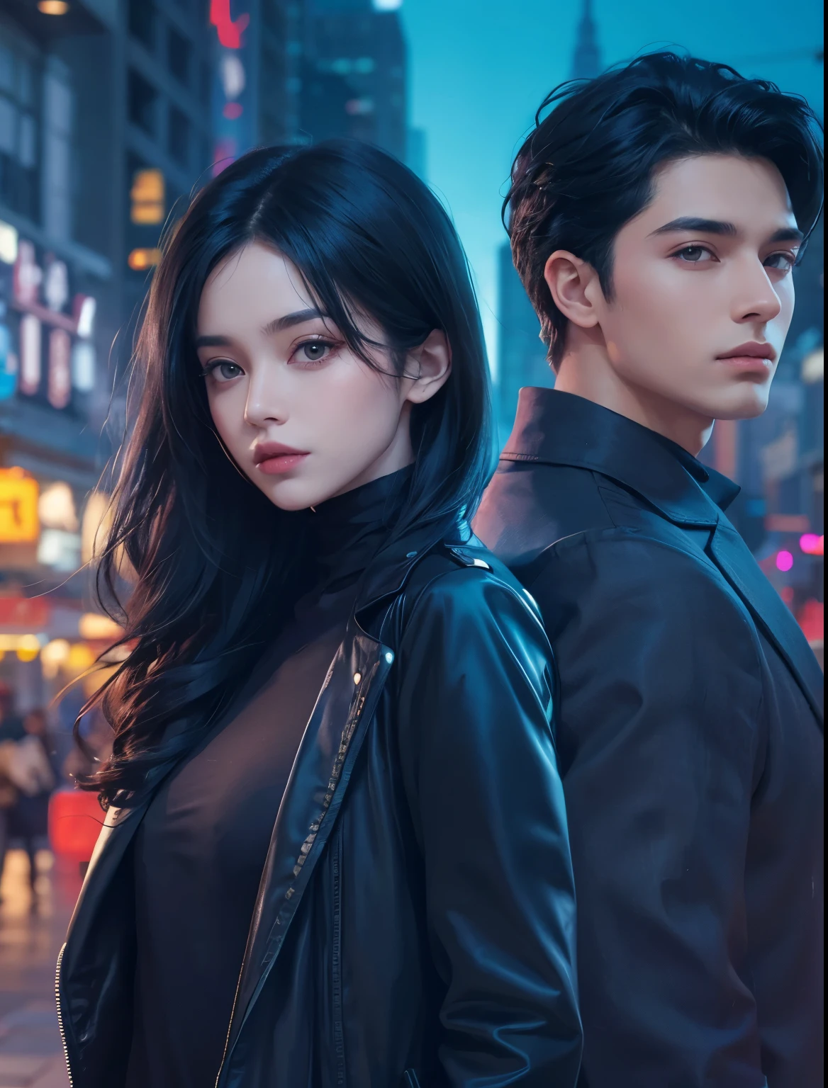 Two beautiful men and muslim women who are about to teleport. He wears modern clothing. Black hair. The time is night. The location is the city.