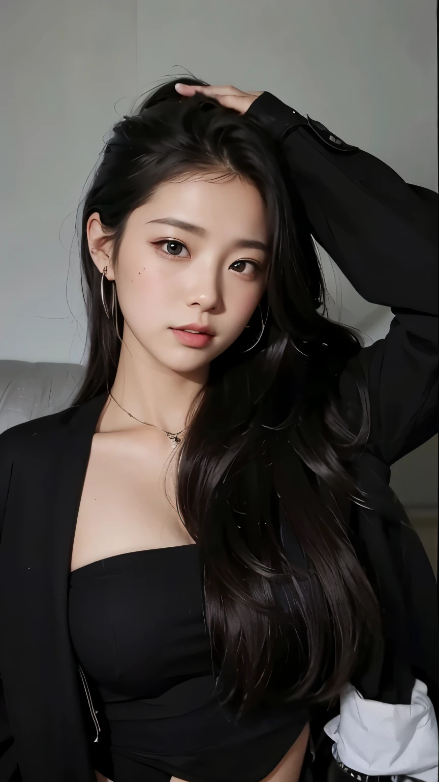 A woman in a black top and black pants posing for a picture - SeaArt AI
