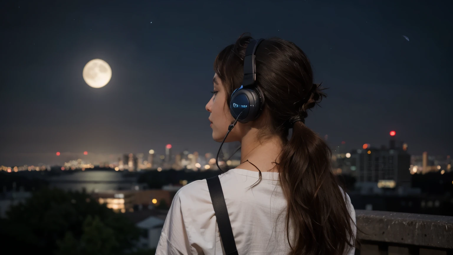 ((it is night)) a girl looking towards a big and bright city with tall buildings and clear night sky. she is wearing a headset and listening to music. the photo shows the back of the girl. moon in the sky.