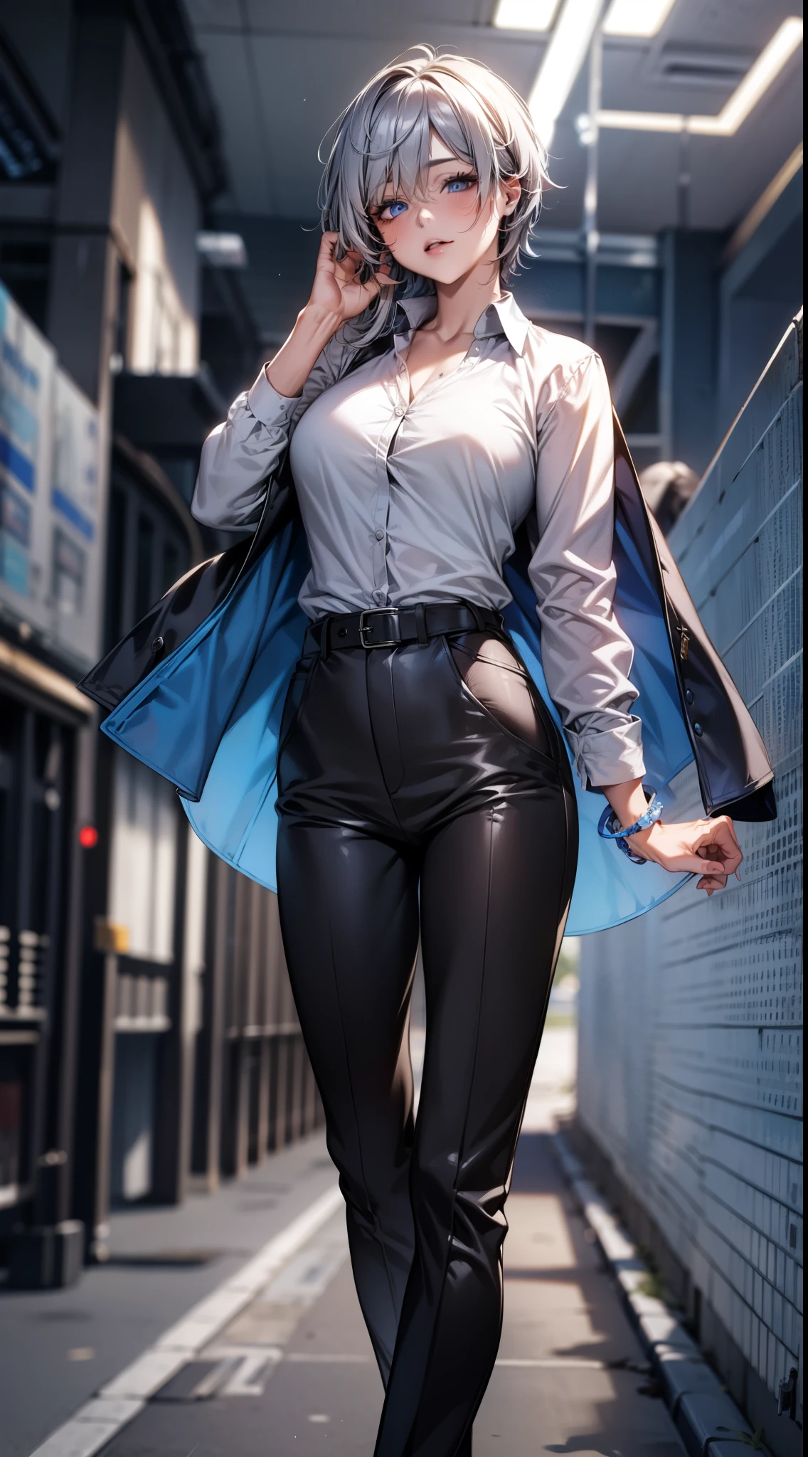 adult woman, gray hair, (handsome short:1.3), blue colored eyes, Blue leather raincoat, belt, circuit, pants, masterpiece, high quality