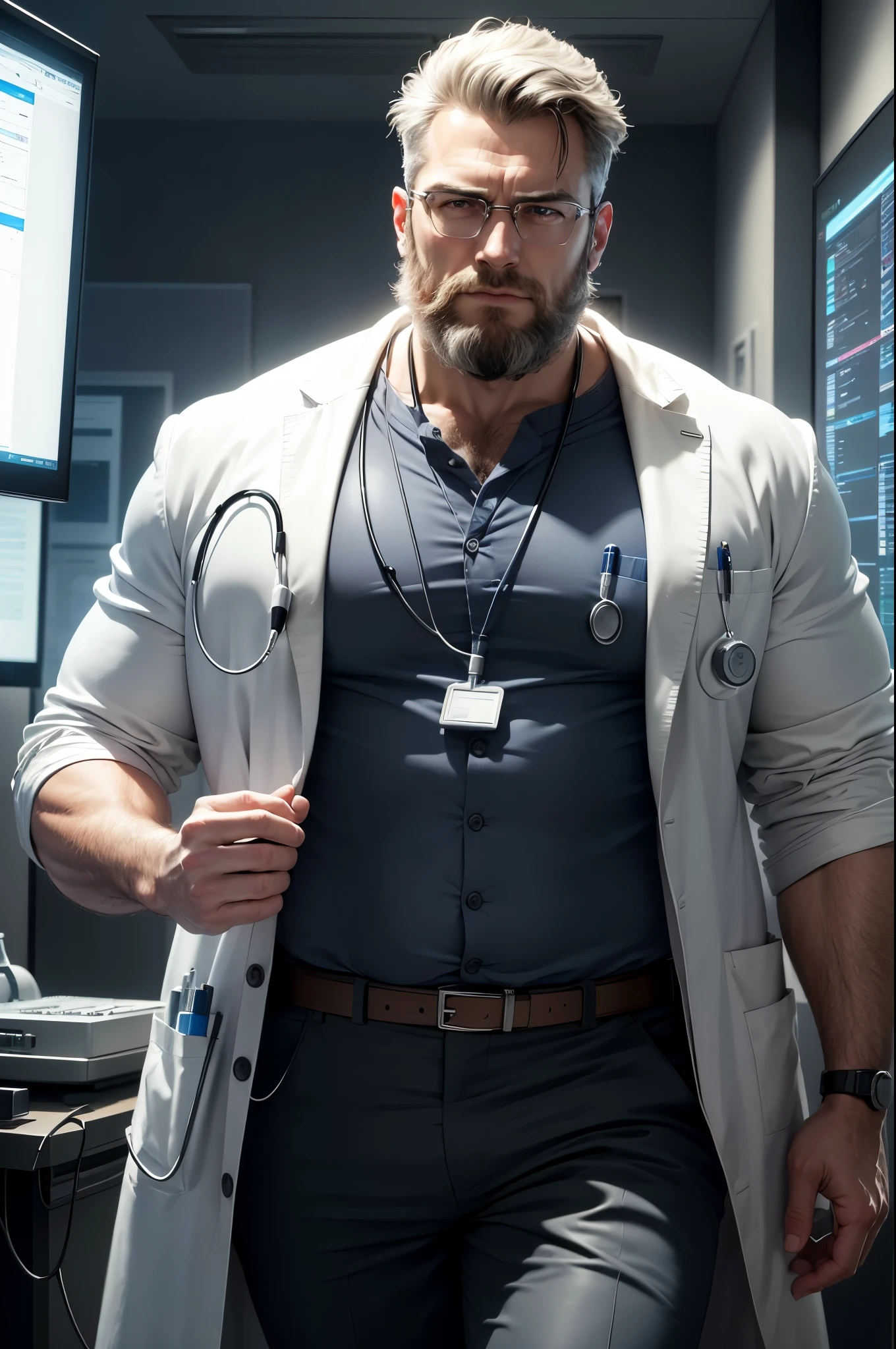 (best quality,4k,8k,highres,masterpiece:1.2),ultra-detailed,(realistic,photorealistic,photo-realistic:1.37),(muscular) man standing as doctor, thick arms, bulging veins, beard and hair, wearing a stethoscope, examining a patient in a modern hospital, bright and clean environment, bright lighting, with surgical instruments nearby, wearing a white lab coat, calm and confident expression, professional and experienced, surrounded by medical staff, computers and monitors showing medical data and images, high-tech medical equipment, futuristic and advanced, portraying a scene of expertise and cutting-edge healthcare.