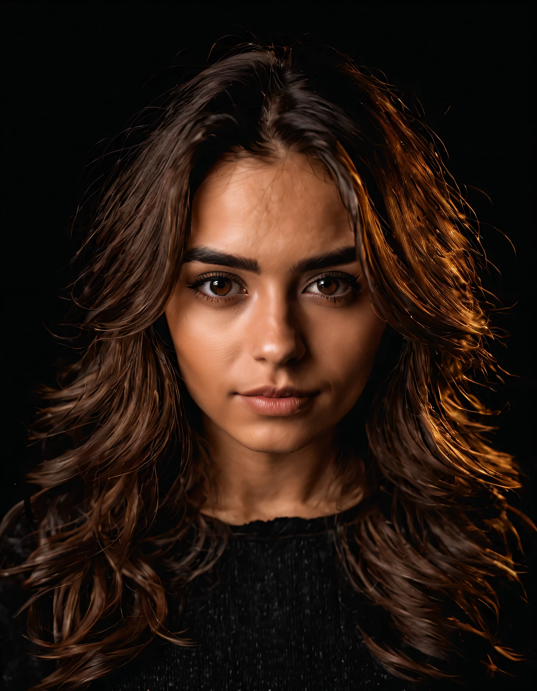 portrait photo of a 25 years old woman named Ramona klyde, brown eyes, studio lighting, black background, (front view : 2:0 ), detailed, 8K,